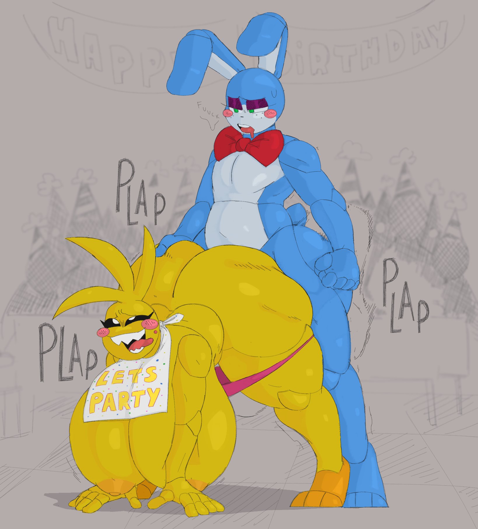 1boy, 1girls, animatronic, anthro, ass, ass grab, ass up, avian, bib, big ass, big breasts, bonniexchica, breasts, bubble ass, bubble butt, busty, drooling, face down ass up, female, five nights at freddy's, huge ass, huge breasts, kaydude, looking pleasured, male, nipples, open mouth, panties, pants down, rabbit, sex, straight, thick thighs, tongue, tongue out, toy bonnie (fnaf), toy chica (fnaf)