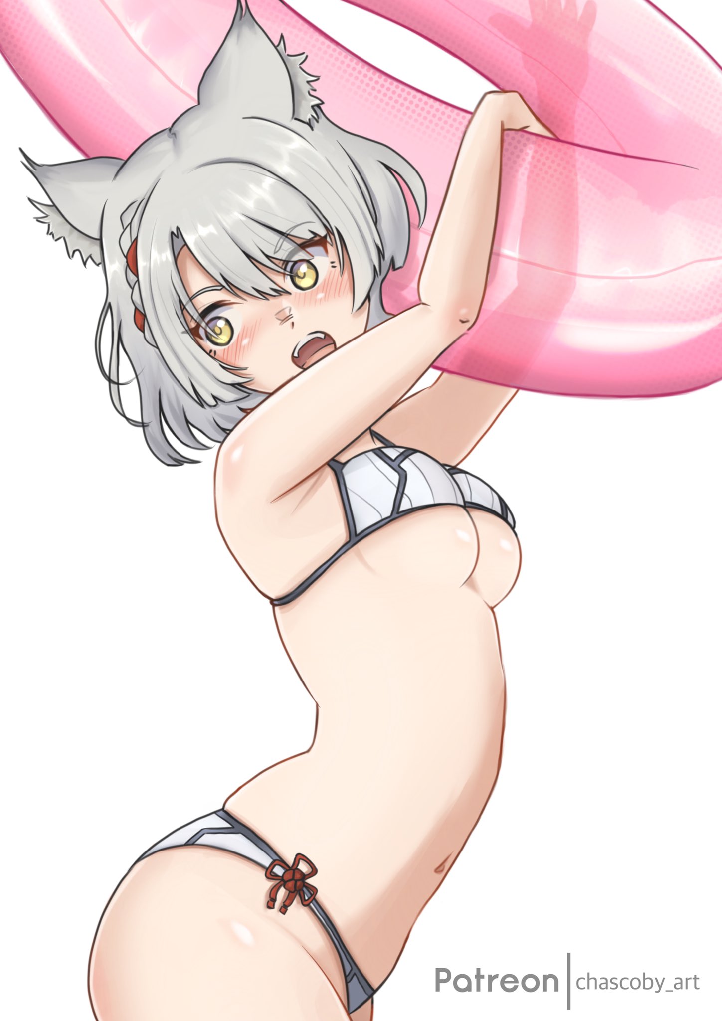 blush braid breasts cat_ears catgirl chascoby cleavage medium_breasts mio_(xenoblade) nintendo silver_hair swimsuit thick_thighs thighs two_piece_swimsuit xenoblade_(series) xenoblade_chronicles_3 yellow_eyes