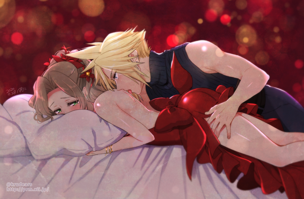 1boy 1boy1girl 1girls aerith_gainsborough blonde_hair blue_eyes clothed cloud_strife face_down female final_fantasy final_fantasy_vii final_fantasy_vii_remake flower_in_hair green_eyes hand_on_hip hugging_pillow krudears licking licking_body lying_on_bed lying_on_stomach male/female on_stomach red_dress romantic straight