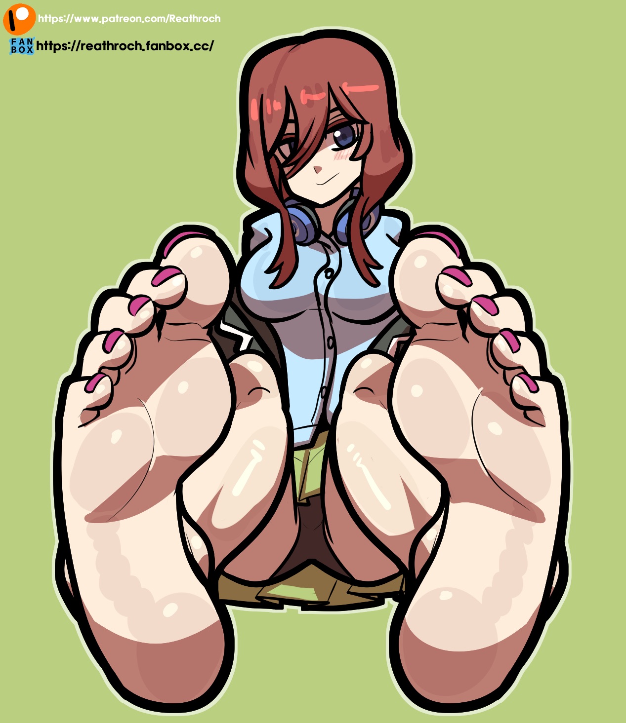 blue eyes, brown hair, button down shirt, feet, female, foot fetish, foot focus, go-toubun no hanayome, headphones, headphones around neck, nakano miku, panties, pink toenails, reathroch, skirt, upskirt