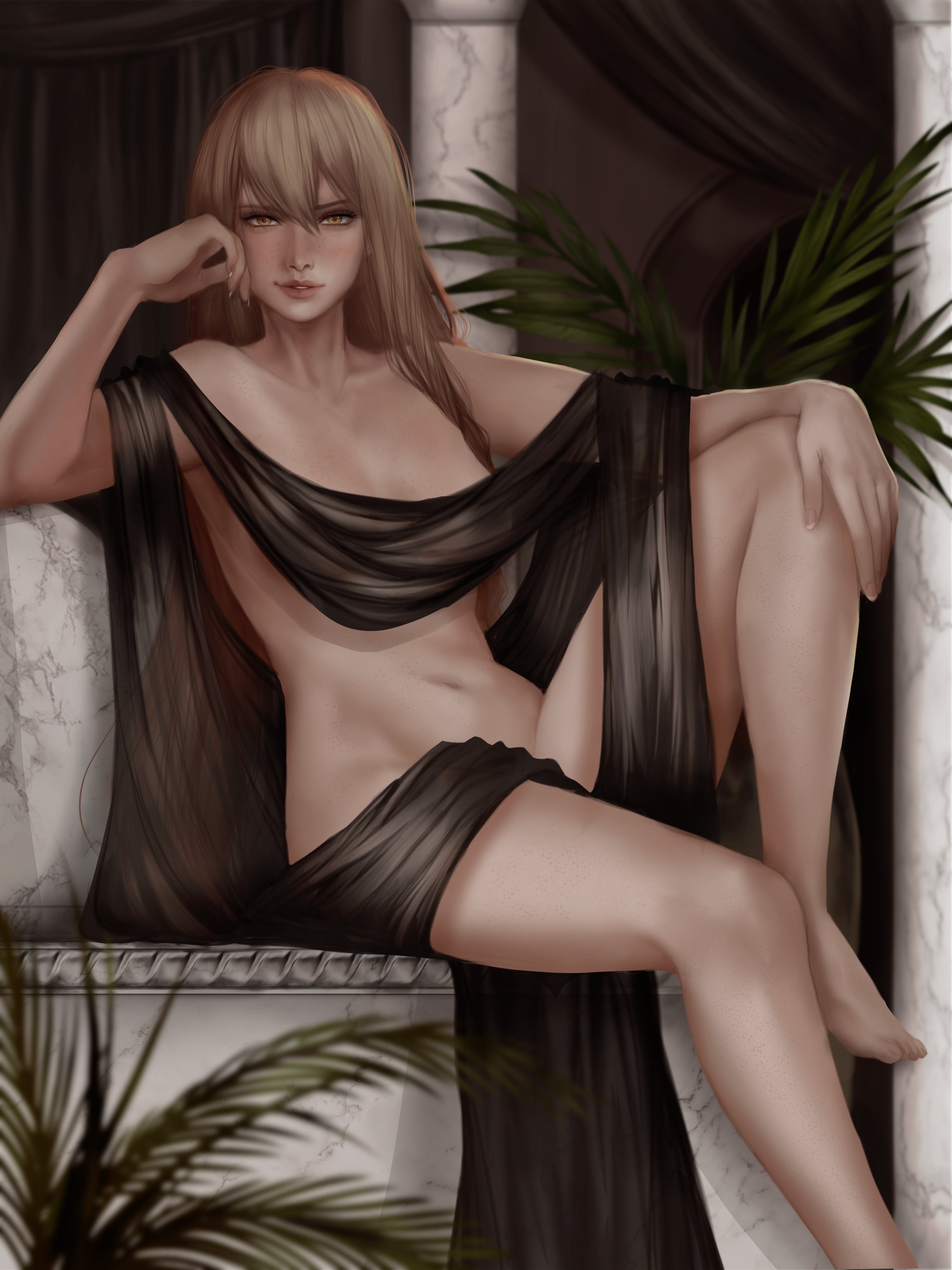 1girls, alternate version available, big breasts, blonde hair, breasts, elden ring, feet, female, female only, fromsoftware, hi res, light skin, light-skinned female, looking at viewer, midriff, milf, navel, painting (artwork), queen marika the eternal, raviolliess, sfw version, smirk, solo, solo female, tasteful nudity, thick thighs