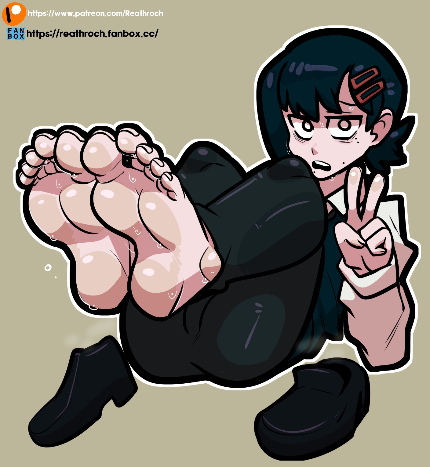 chainsaw man, feet, female, foot fetish, foot focus, hairclip, higashiyama kobeni, peace sign, reathroch, shoes removed