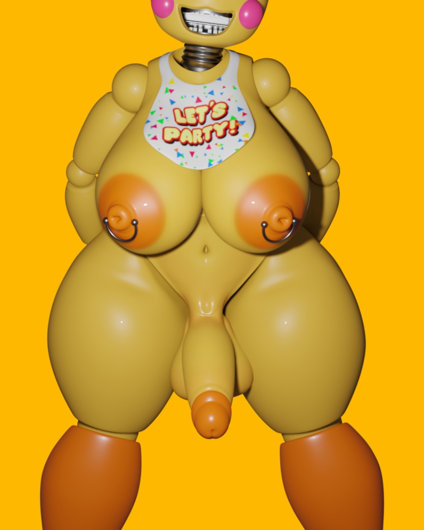 3d, animatronic, big breasts, big penis, blender, breasts, douuuod, female, five nights at freddy's, futa only, futanari, intersex, nipple piercing, nipples, penis, piercing, robot, robot girl, runaboo chica, solo, thick thighs, toy chica (fnaf), yellow skin