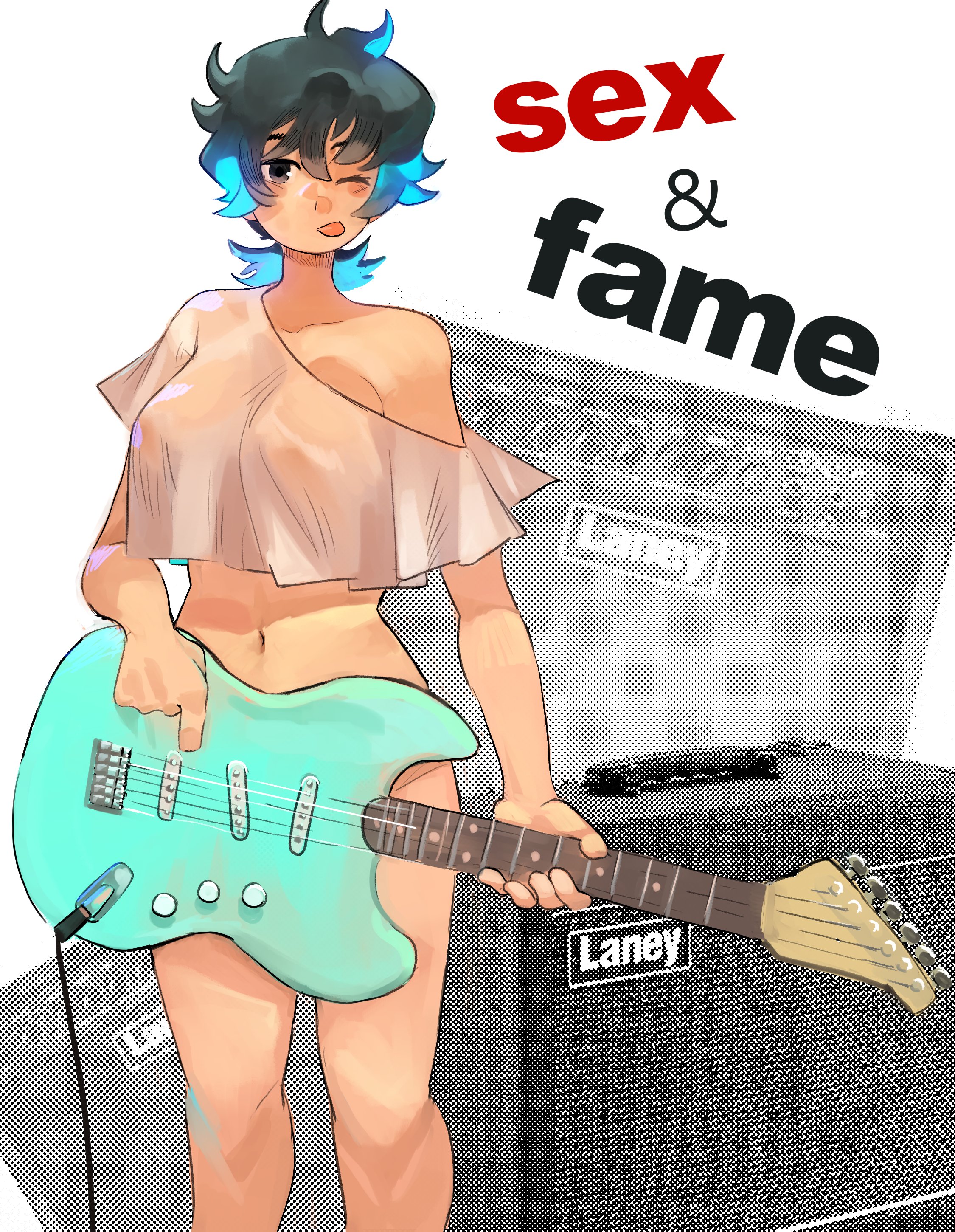 big breasts, black hair, blue highlights, bottomless, breasts, coal (lunydoobles), convenient censorship, covering crotch, electric guitar, female, guitar, lunydoobles, no bra, no bra under clothes, see-through, see-through clothing, see-through top, tagme, tomboy