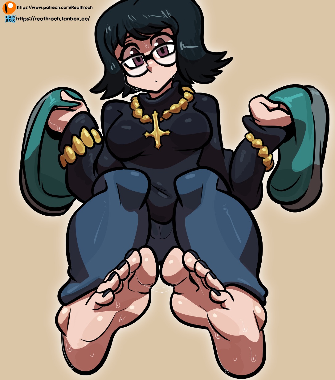 1girls, black toenails, bracelet, feet, female, female only, foot fetish, foot focus, glasses, hunter x hunter, jewelry, necklace, reathroch, shizuku murasaki, shoes removed, solo, upside down cross