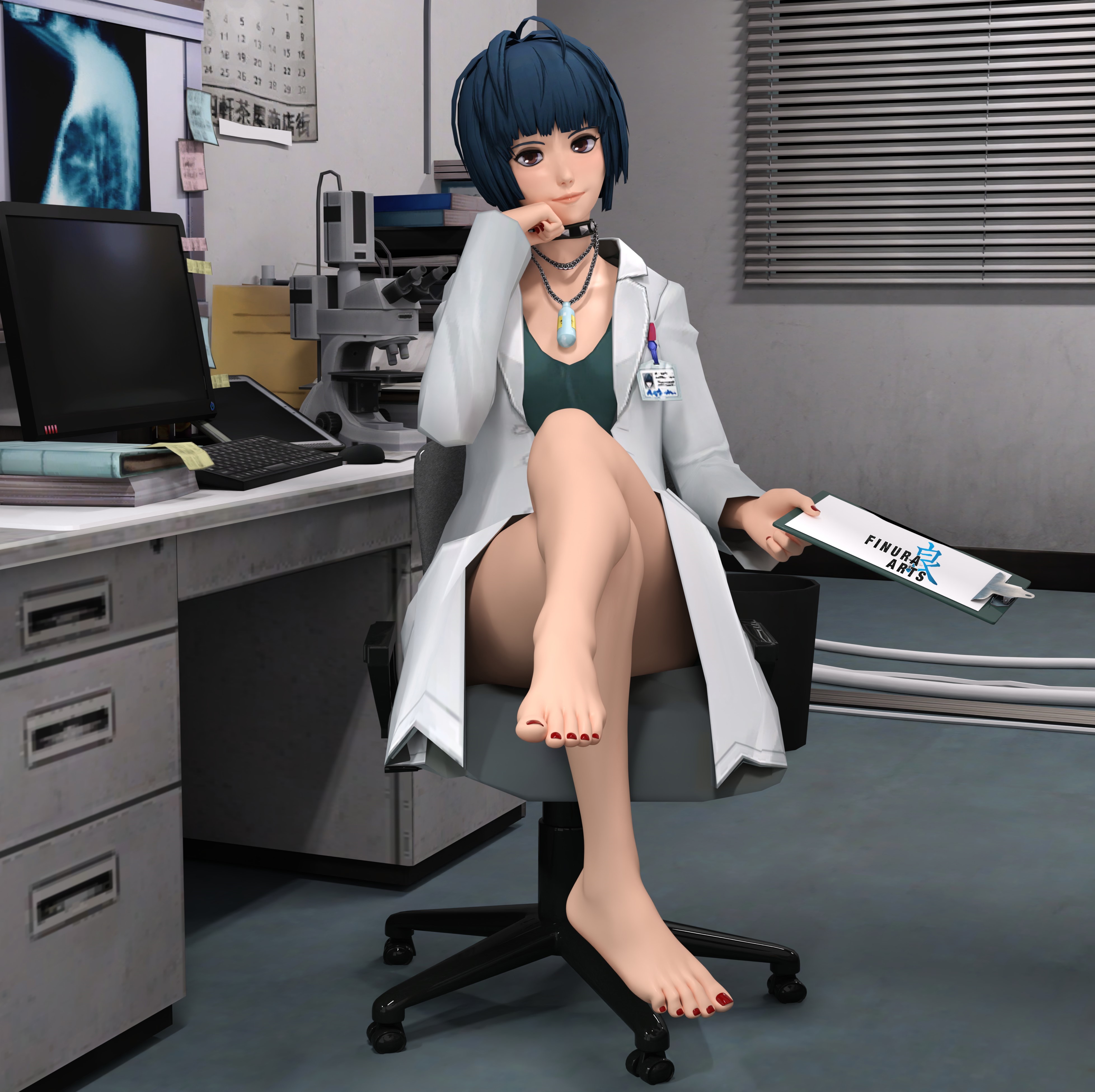 bare legs, barefoot, feet, female, finura arts, foot fetish, foot focus, legs crossed, looking at viewer, persona, persona 5, red nails, red toenails, sitting, tae takemi, toenail polish, toes