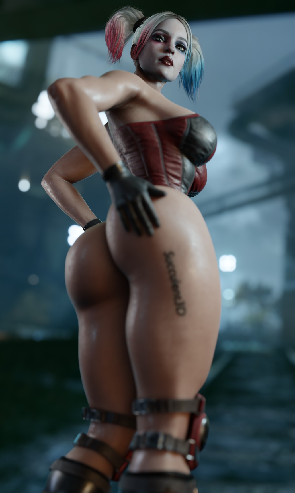 1girls, 3d, ass, batman (series), blonde hair, blue eyes, bottomless, breasts, bubble butt, busty, corset, dc, dc comics, facepaint, fat ass, female, female focus, female only, harley quinn, harley quinn (injustice), hourglass figure, injustice 2, large ass, large butt, lipstick, makeup, no panties, pigtails, red lips, red lipstick, round ass, solo, succulent3d, tagme, thick ass, thin waist, twintails, wide hips