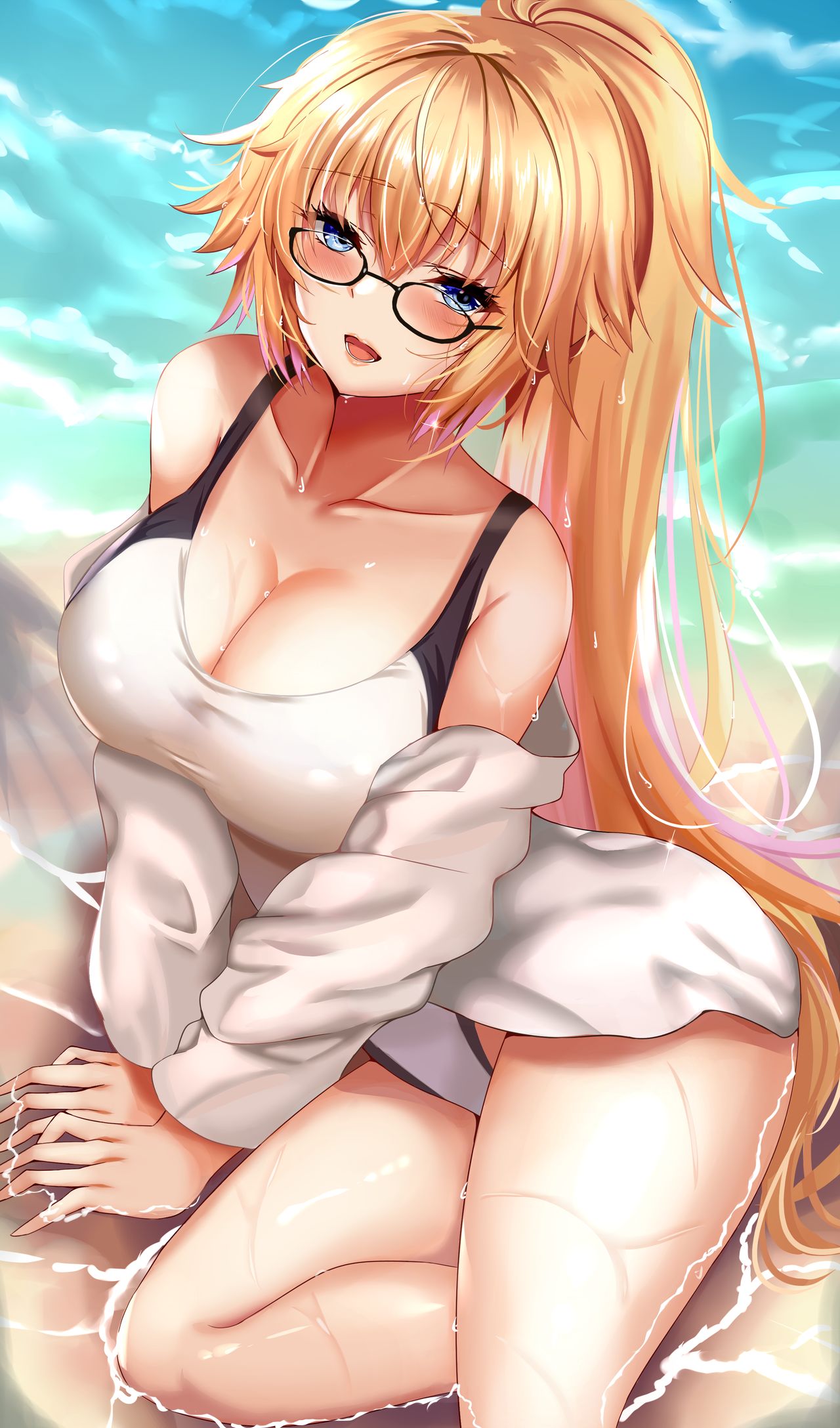 1girls, big breasts, breasts, choko (cup), cup, fate (series), fate/grand order, female, floral print, flower, hair flower, hair ornament, headpiece, high resolution, holding, holding bottle, holding cup, jeanne d'arc (fate), jeanne d'arc (fate) (all), jeanne d'arc (swimsuit archer), kimono, kuro (tbm9187), solo