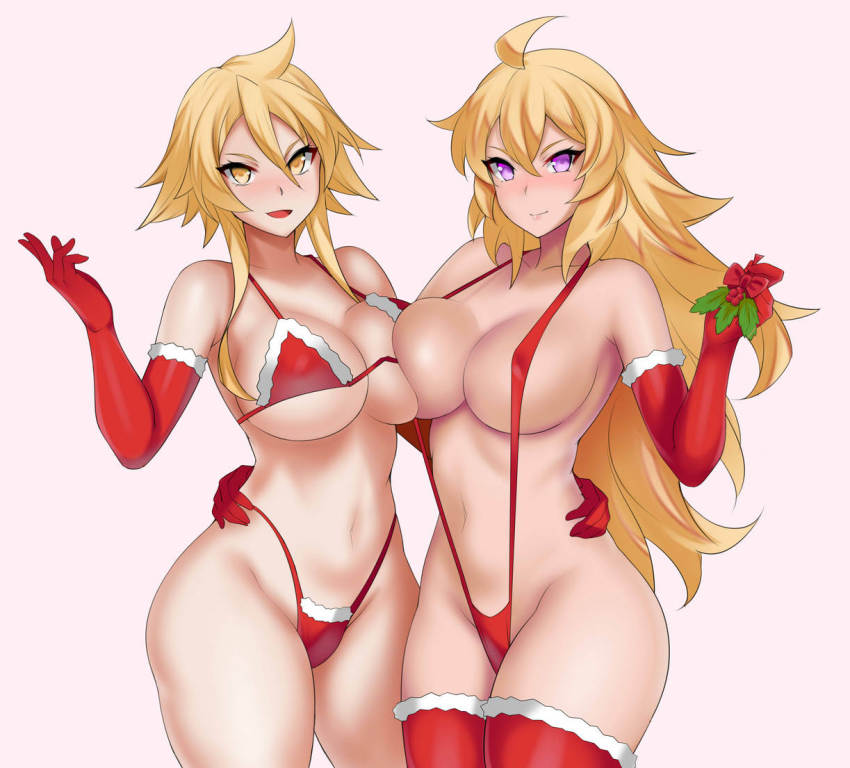 2girls ahoge akame_ga_kill! asymmetrical_docking bikini blonde_hair breast_press breasts christmas christmas_clothes crossover elbow_gloves gloves hand_on_another's_hip hand_on_hip hevn large_breasts leone_(akame_ga_kill!) long_hair mistletoe multiple_girls open_mouth purple_eyes rwby short_hair sling_bikini slingshot_swimsuit swimsuit thighhighs wide_hips yang_xiao_long yellow_eyes