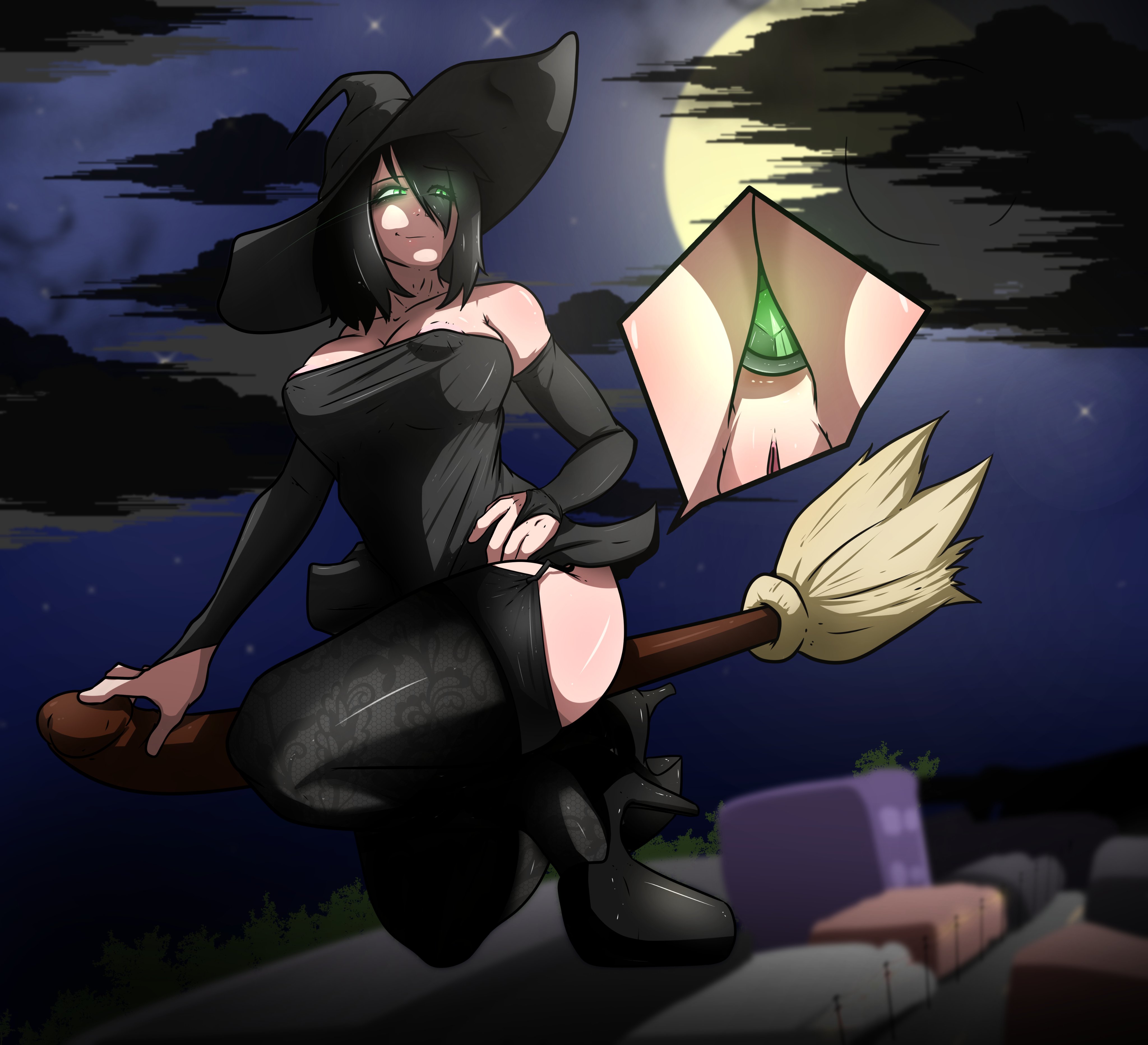 1girls, anal, anal insertion, anal plug, anal sex, anus, big breasts, black hair, breasts, broom, broom riding, building, buildings, buttplug, cloud, clouds, female, female only, flying, hair between eyes, hat, jewel buttplug, large breasts, legs, light skin, light-skinned female, microchip (artist), moon, night, oppai, original, original character, original characters, pussy, quinn (microchip), sex toy, sex toy in ass, sex toy insertion, sex toy penetration, short hair, solo, solo female, solo focus, stars, teenager, thick legs, thick thighs, thighhighs, thighs, witch, witch hat