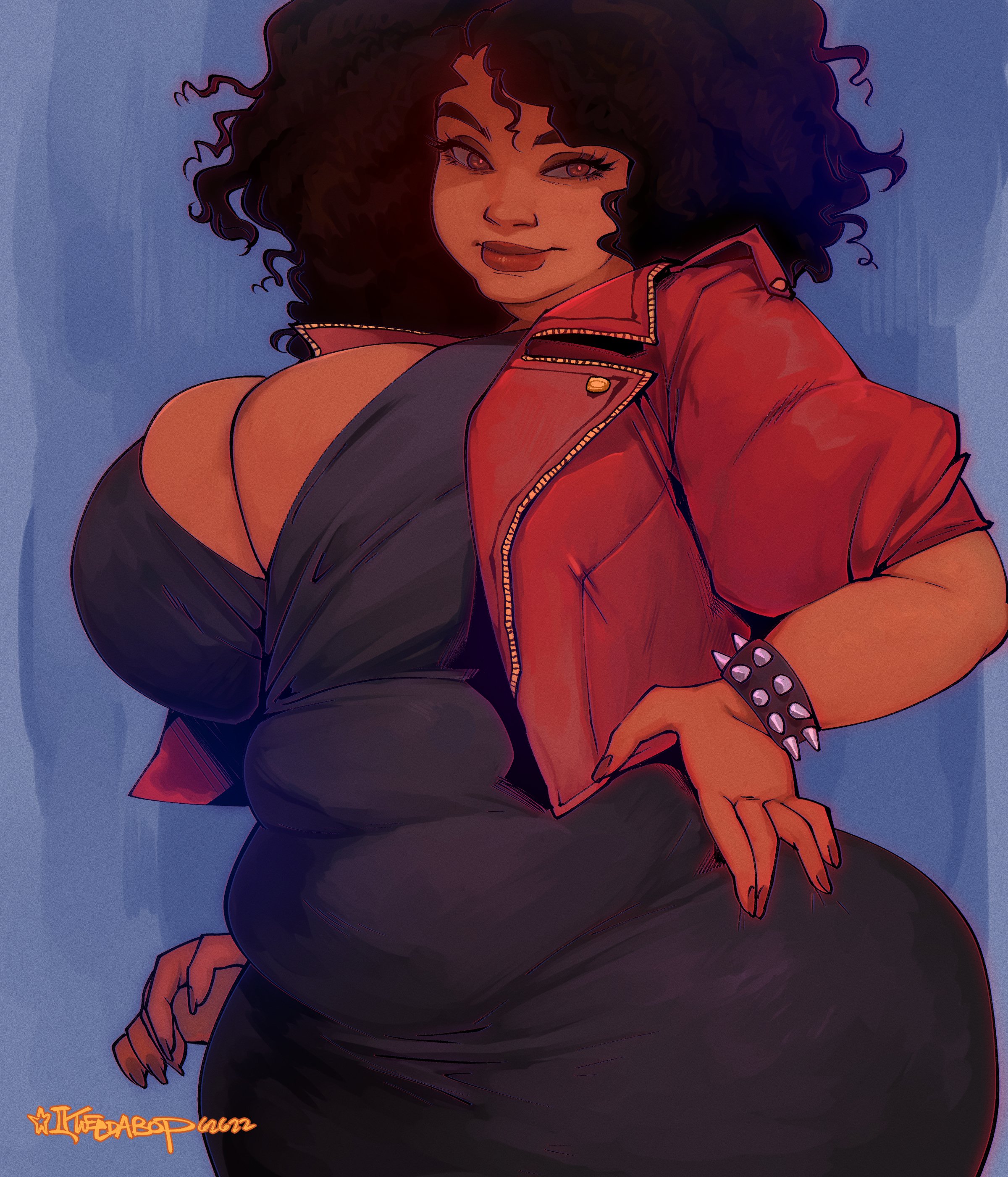 afro, big breasts, black dress, black female, breasts, bursting breasts, commission, cowgirl position, cropped jacket, dark skin, dark-skinned female, dress, fat rolls, female, hand on hip, huge breasts, lips, original, plump, red jacket, spiked bracelet, tagme, tweedabop