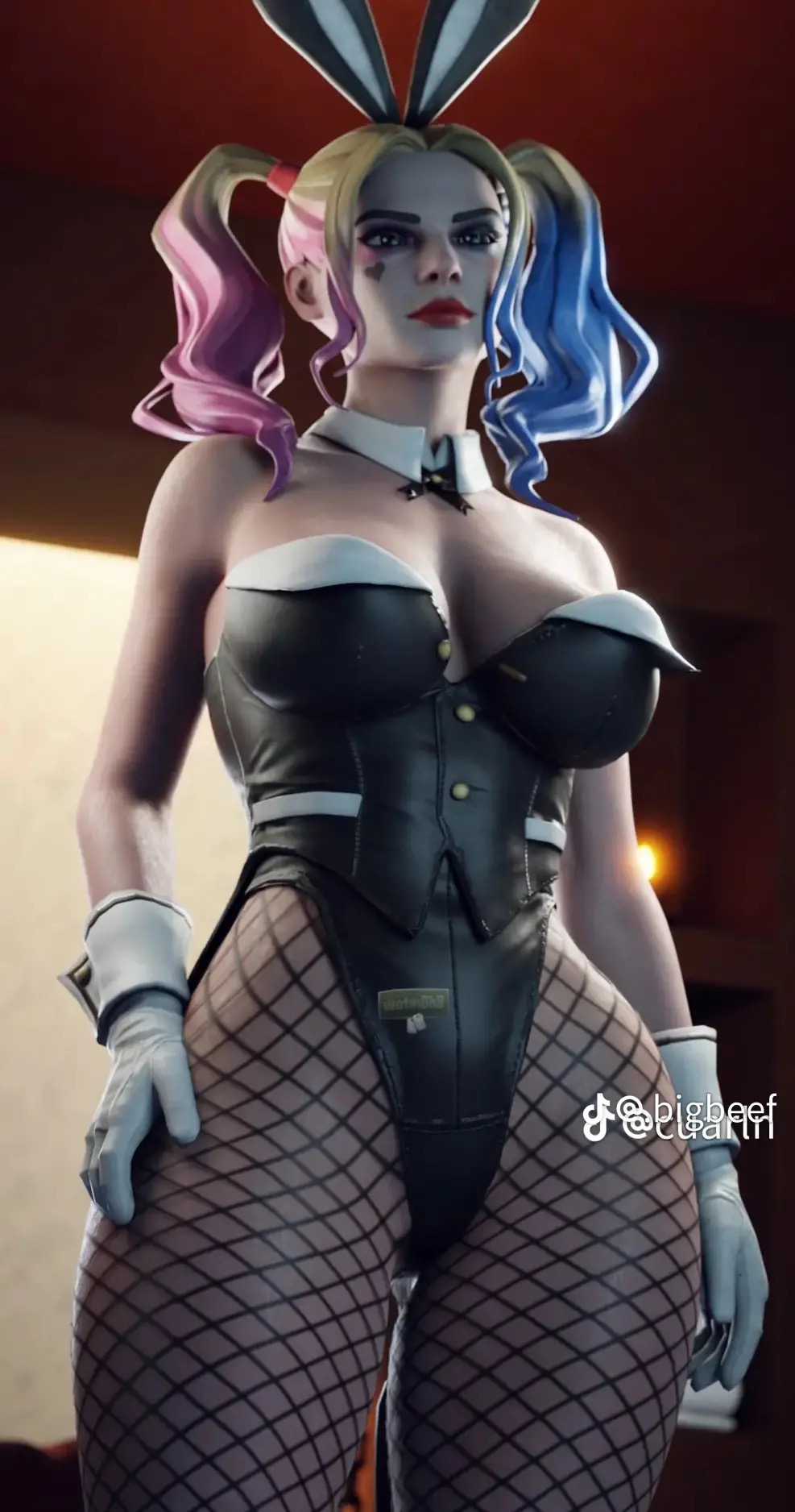 1girls, 3d, batman (series), blue hair, bunny ears, bunnysuit, clothed, dc, dc comics, different hair color, female, female only, fishnets, fortnite, fortnite: battle royale, fully clothed, harley quinn, harley quinn (fortnite), pink hair, seductive, solo, white hair, wotm8h8