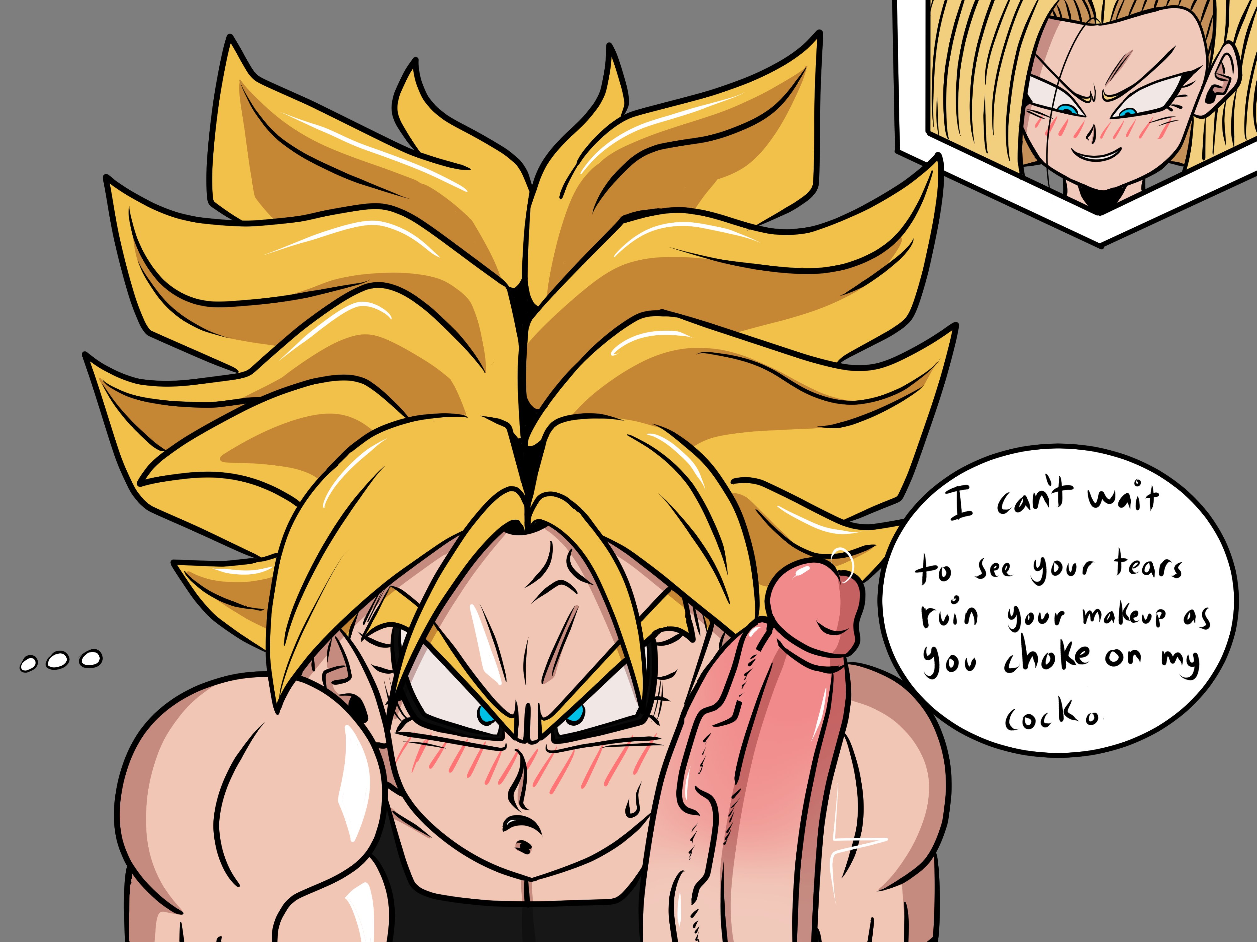 1boy, 1futa, android 18, balls, big penis, blonde hair, blue eyes, blush, clothed, clothing, dialogue, dragon ball, dragon ball super, dragon ball z, erection, fully clothed, futa on male, futanari, future trunks, human, intersex, light skin, light-skinned futa, light-skinned male, male, male focus, muscular, muscular male, penis, skurigami, smile, super saiyan, text, trunks briefs, vein, veiny penis, yellow hair