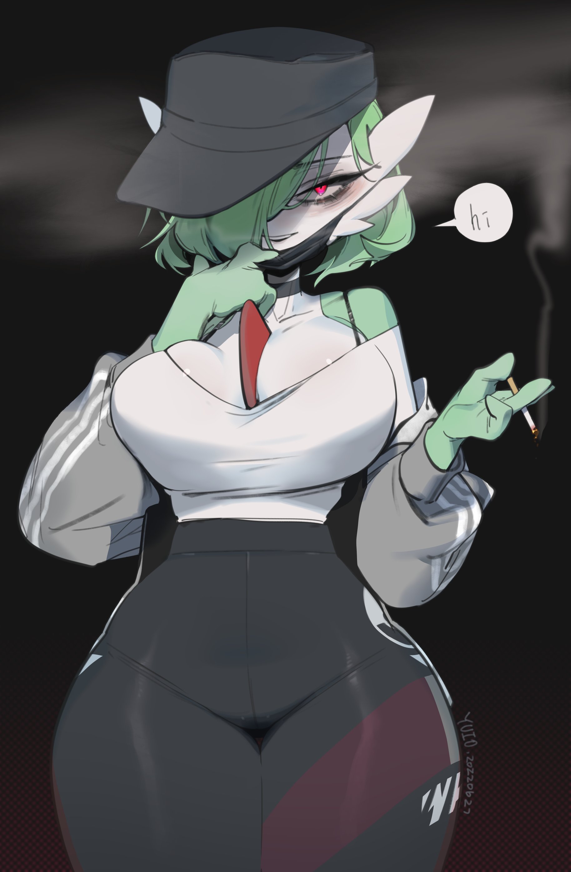 1girls, big breasts, breasts, cap, cigarette, dialogue, eye bags, female, female only, gardevoir, green hair, hair over one eye, heart, heart-shaped pupils, hi res, leggings, legs together, looking at viewer, mask, nintendo, pokémon (species), pokemon, pokemon (species), pokemorph, smoking, smoking cigarette, smoking tobacco, solo, solo female, speaking to viewer, speech bubble, talking to viewer, tall female, thick thighs, thigh gap, voluptuous, wide hips, yuio