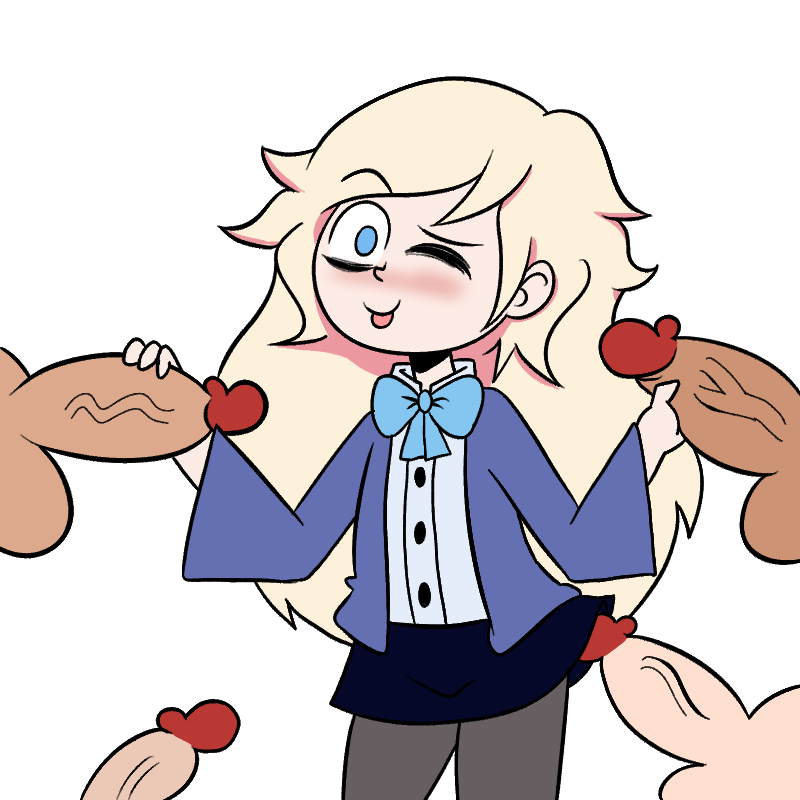 blep blonde_hair blue_bow blue_eyes bluejr bow multiple_penises penis quinn_curio skirt youtube youtuber