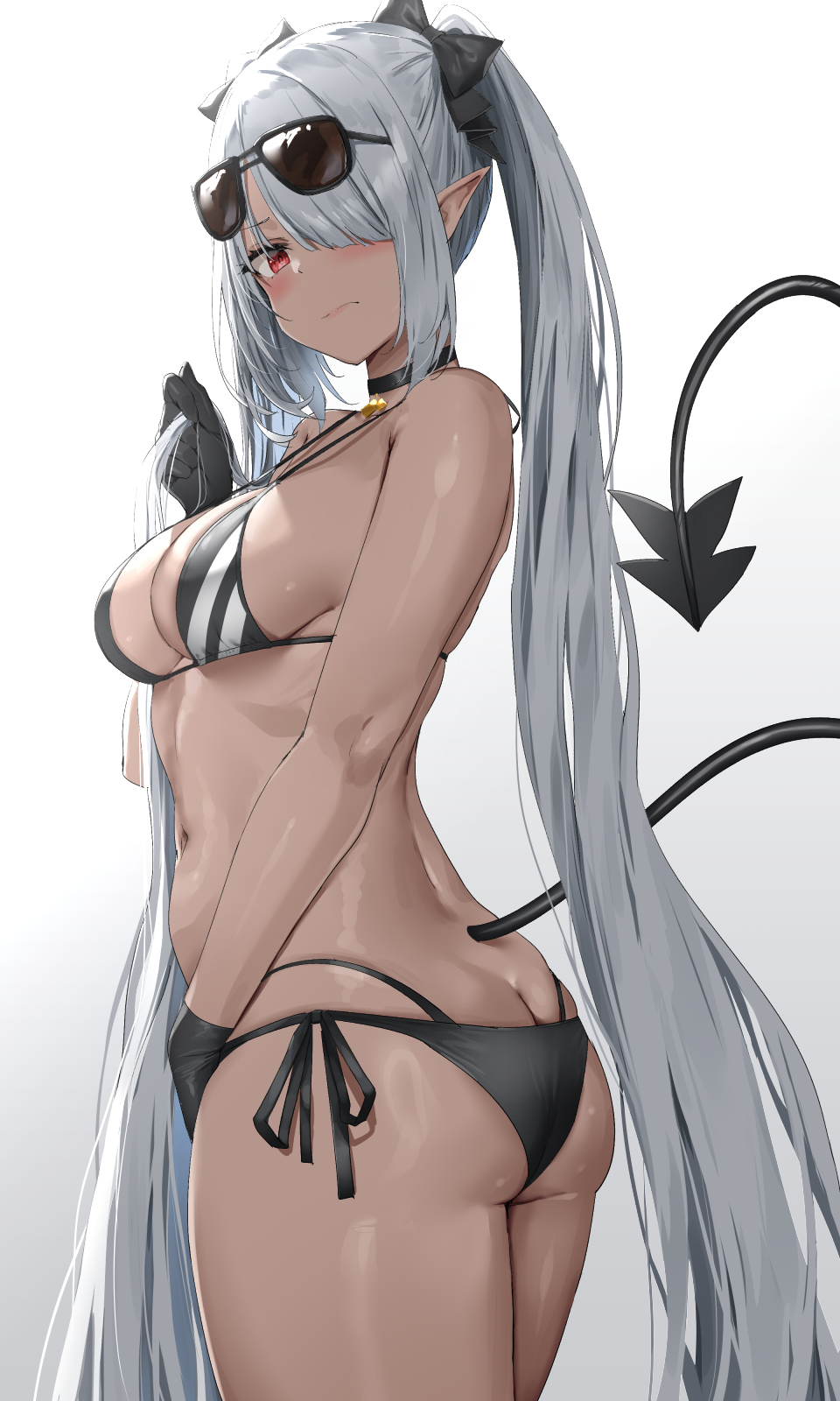 1girls, 2022, ass, bikini, black bikini, blue archive, blush, breasts, brown skin, dark skin, dark-skinned female, embarrassed, female, female only, gehenna academy student, hair over one eye, hips, iori (blue archive), iori (swimsuit) (blue archive), large ass, long hair, medium breasts, oekakizuki, pointy ears, prefect team (blue archive), red eyes, slim waist, sunglasses, sunglasses on head, tail, white hair