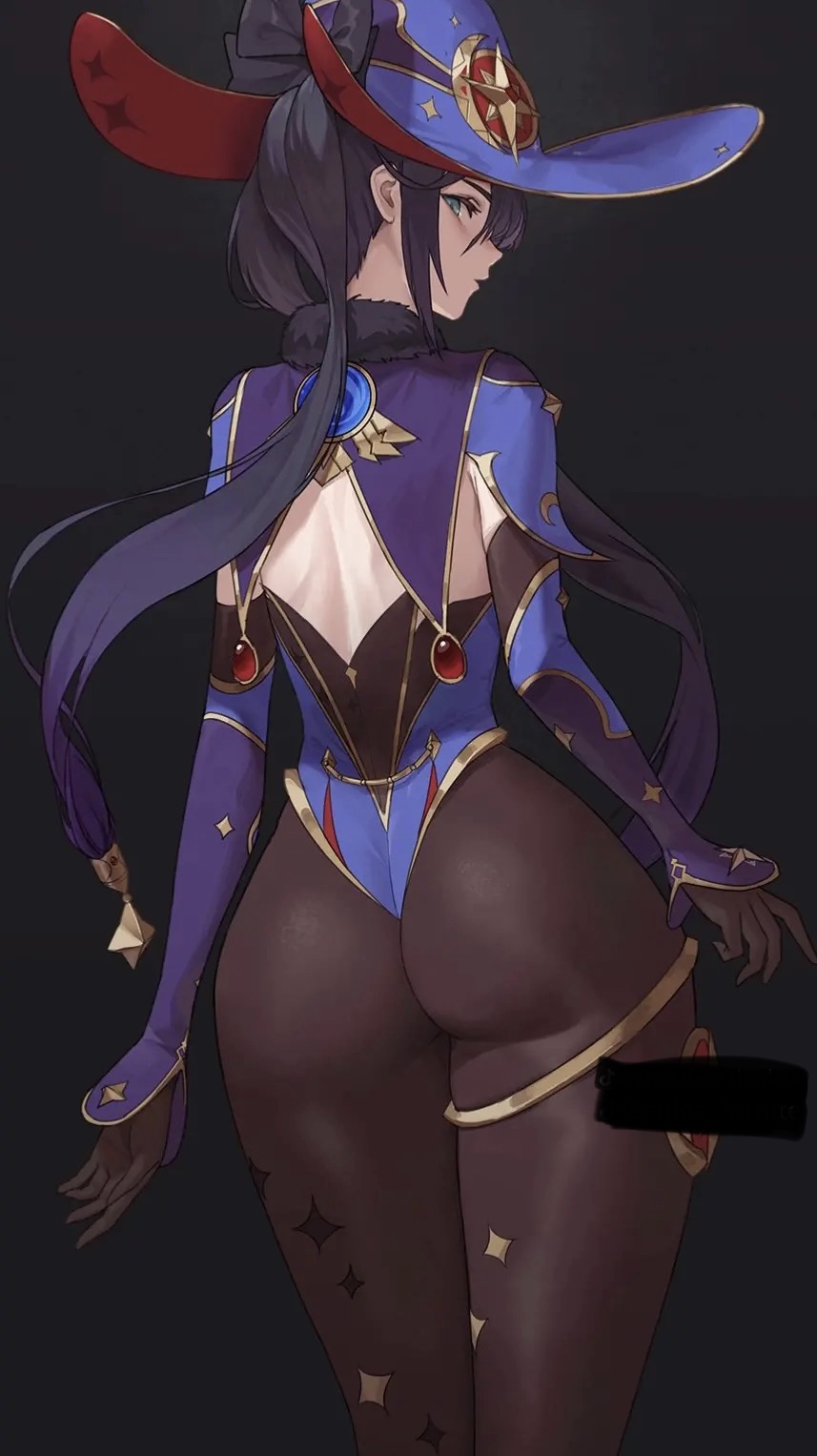 1girls, ass, ass focus, back, big ass, big butt, black hair, bubble ass, bubble butt, female, genshin impact, hat, hips, leotard, looking back, mona (genshin impact), thick thighs, twintails, wizard hat