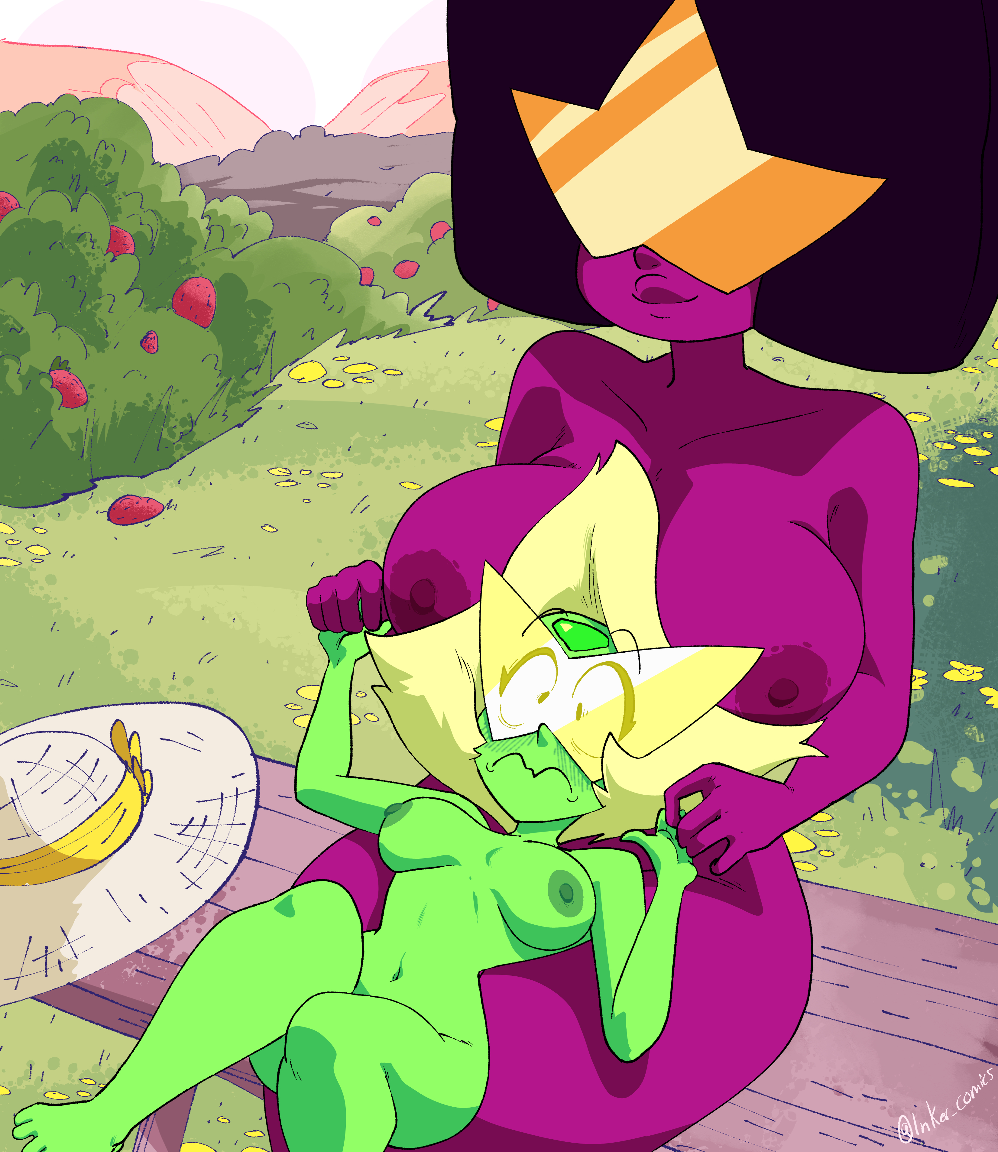 2d, 2girls, alien girl, big breasts, breasts, cartoon network, casual, coolerinker, eyewear, female, garnet (steven universe), gem (species), green body, green skin, headwear, high resolution, inker comics, inkershike, multiple females, multiple girls, nipples, nude, nude female, peridot (steven universe), smile, steven universe, tagme, very high resolution, yuri