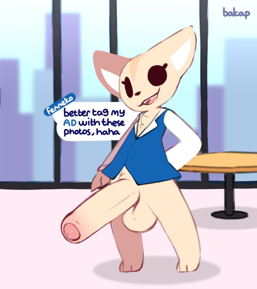 1futa aggressive_retsuko anthro bakap balls big_penis canid canine dialogue fennec fenneko foreskin fox futanari genitals hand_behind_back huge_cock humanoid_genitalia humanoid_penis looking_at_viewer male mammal office_clothing office_lady partially_retracted_foreskin penis sanrio smooth_fur solo talking_to_viewer uncut