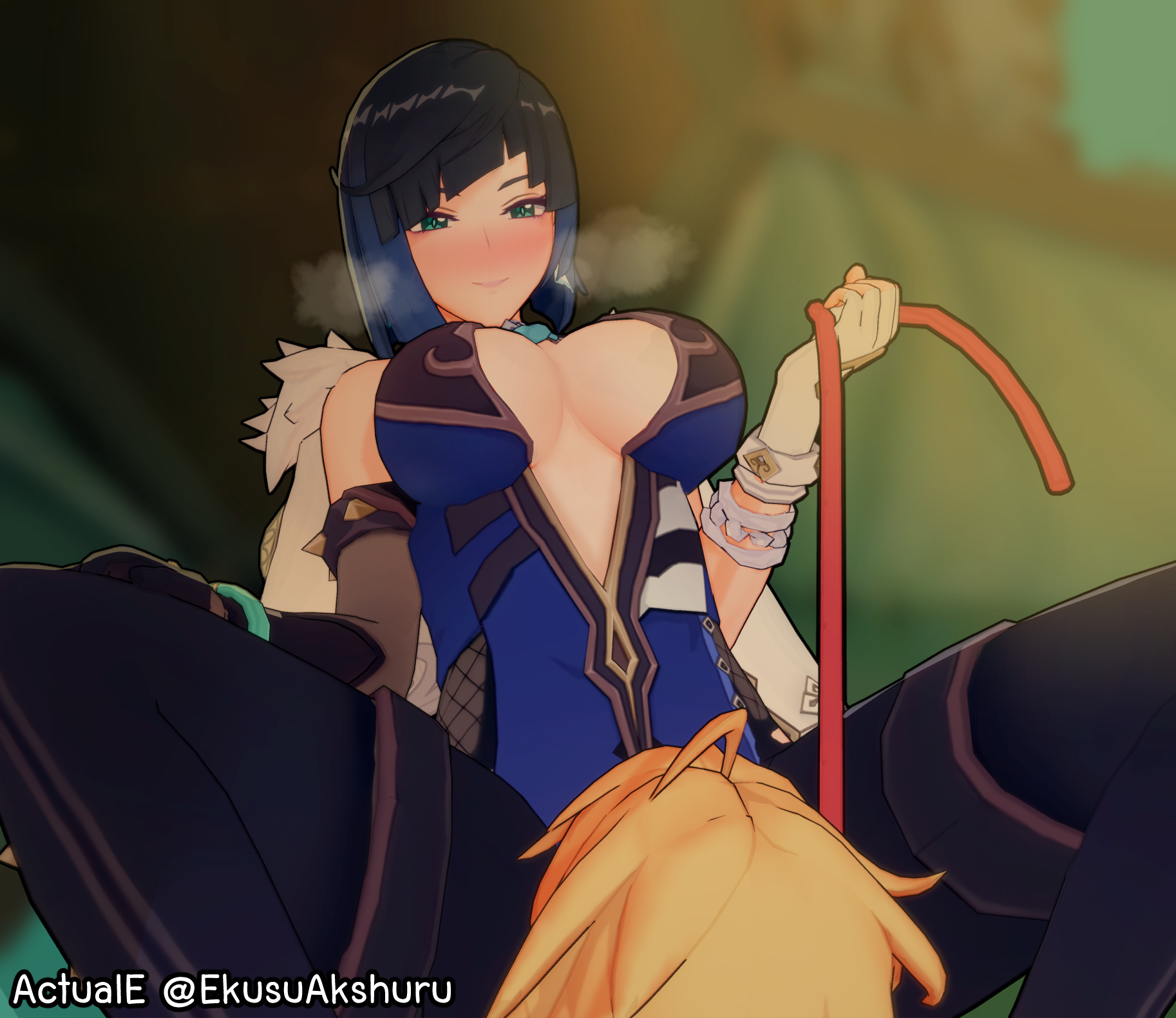 1boy, 1girls, 3d, actuale, aether (genshin impact), big breasts, blush, breasts, cunnilingus, cunnilingus through clothes, face in crotch, facesitting, female, female on top, femdom, genshin impact, head between legs, implied cunnilingus, koikatsu, leash, leash pull, licking, licking pussy, male, pussy, pussy lick, pussy licking, spread legs, yelan (genshin impact)