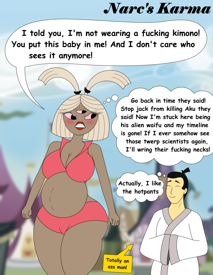 3_eyes alien angry black_eyes clothed curvy dialogue dialogue_bubble foxtide888 multi_eye narc_(samurai_jack) pregnant samurai_jack samurai_jack_(character) short_hair speech speech_bubble text text_bubble thought_bubble