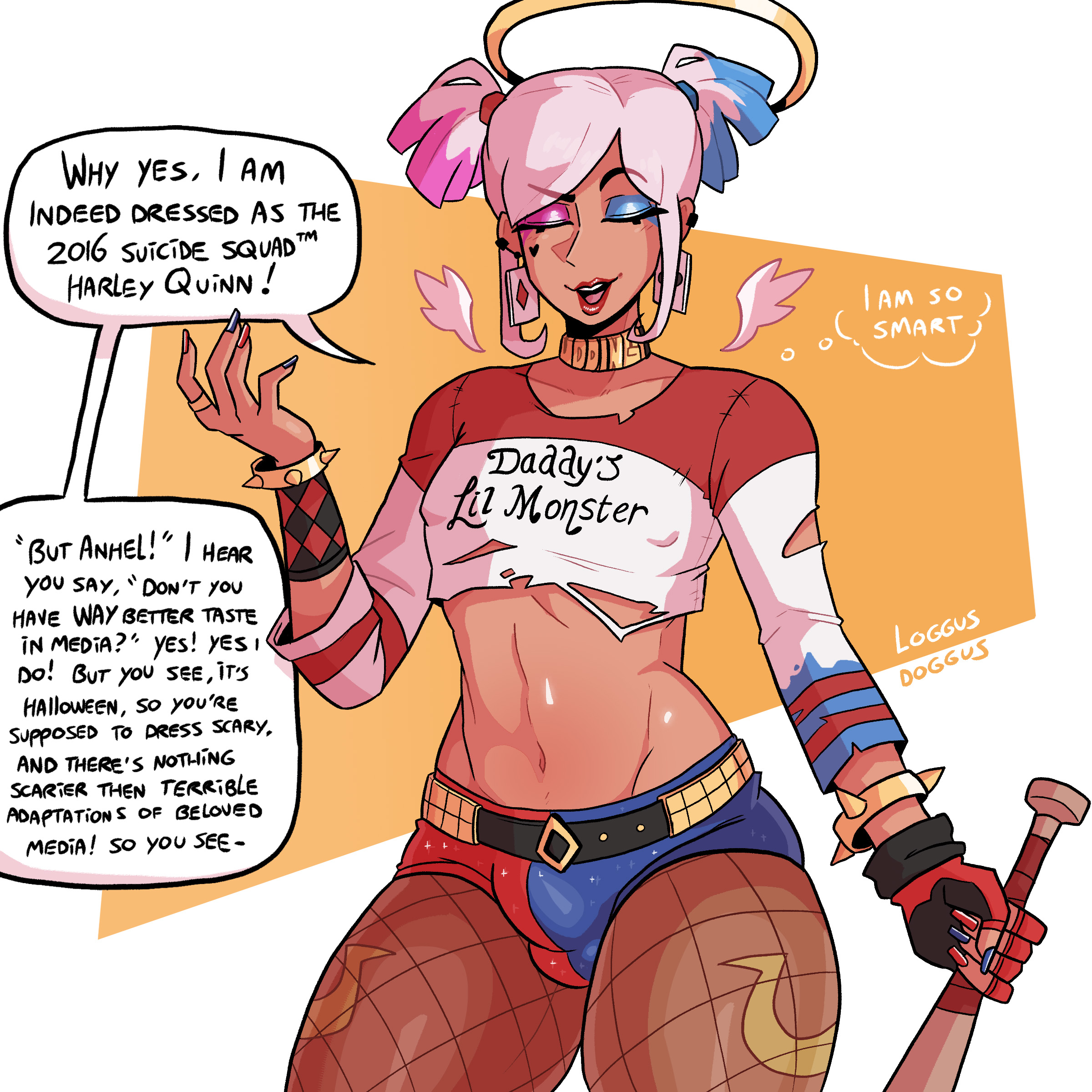 1boy, 1femboy, 2022, angel, angel wings, anhel (loggus doggus), booty shorts, bracelets, choker, cosplay, costume, crop top, crossdressing, dark skin, dark-skinned femboy, dark-skinned male, dark-skinned sissy, dark-skinned twink, dialogue, earrings, english text, femboy, femboy only, fishnets, halo, harley quinn (cosplay), loggus doggus, makeup, male, male only, nail polish, original, original character, pantyhose, red lipstick, short shorts, shorts, simple background, solo, spiked bracelet, suicide squad, suicide squad (2016), talking to viewer, tan skin, tan-skinned femboy, tattoo, tattoos, text, torn clothes, twintails