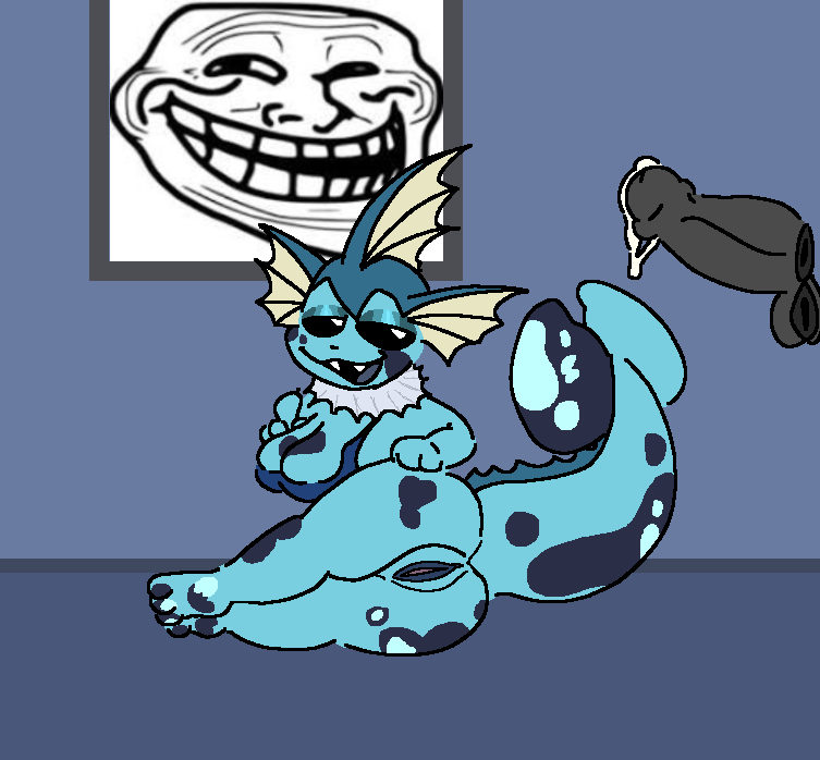 ass bra breasts carpet dick eyeshadow fins laid_back laying_down looking_at_penis meme pawbeans pawpads paws pokémon_(species) pokemon smile smirking spotted_body spotted_fur tail troll trollface vagina vaporeon wall