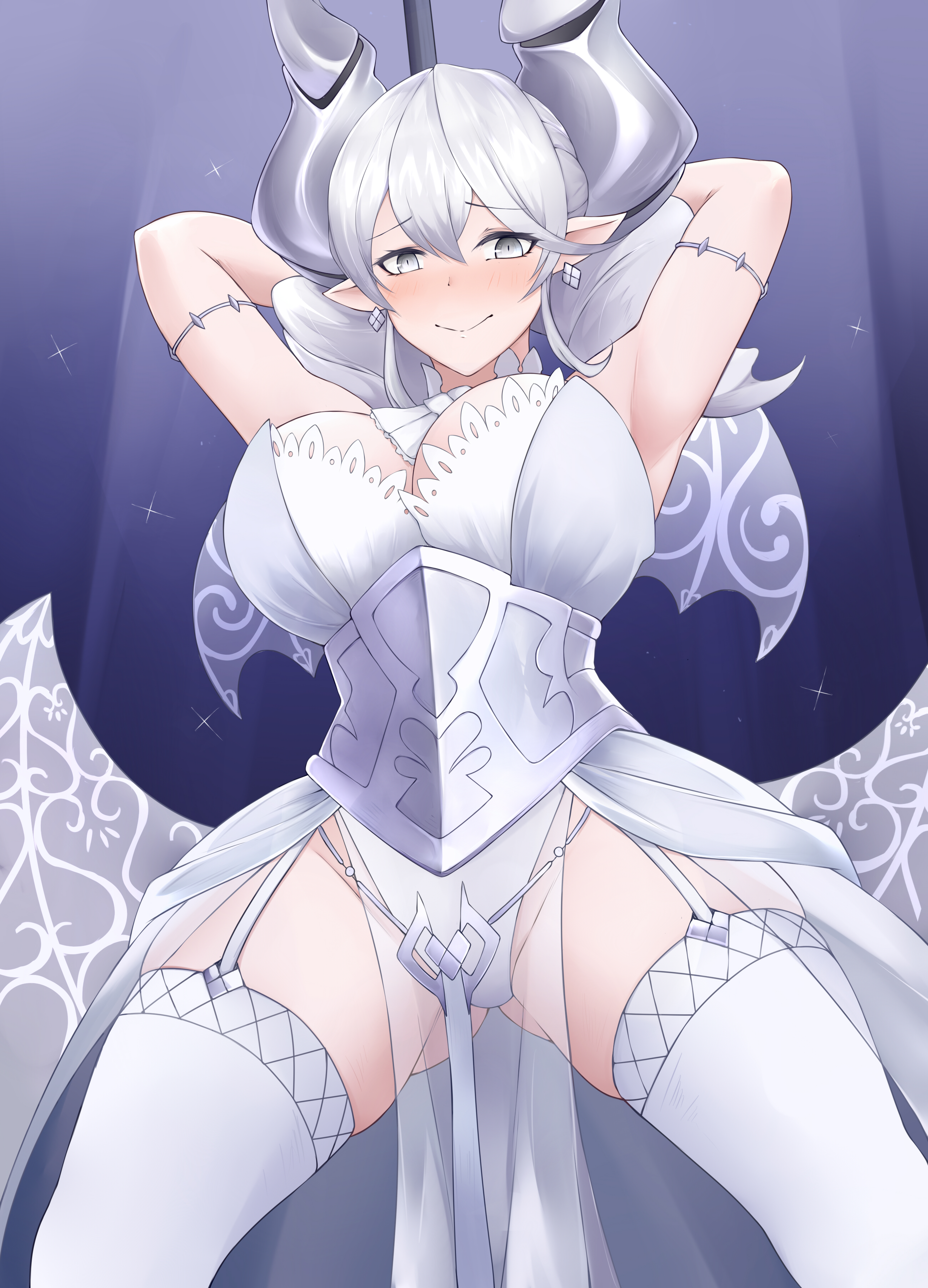 1girls, absurd res, armpits, ass, blush, breasts, demon, demon girl, demon horns, dress, duel monster, earrings, female, garter belt, horns, labrynth of the silver castle, large breasts, legwear, looking down, lovely labrynth of the silver castle, low-angle view, lufnis, panties, pole dancing, silver eyes, solo, spread legs, stockings, thick thighs, thighs, twintails, underwear, visible panties, white dress, white hair, yu-gi-oh!