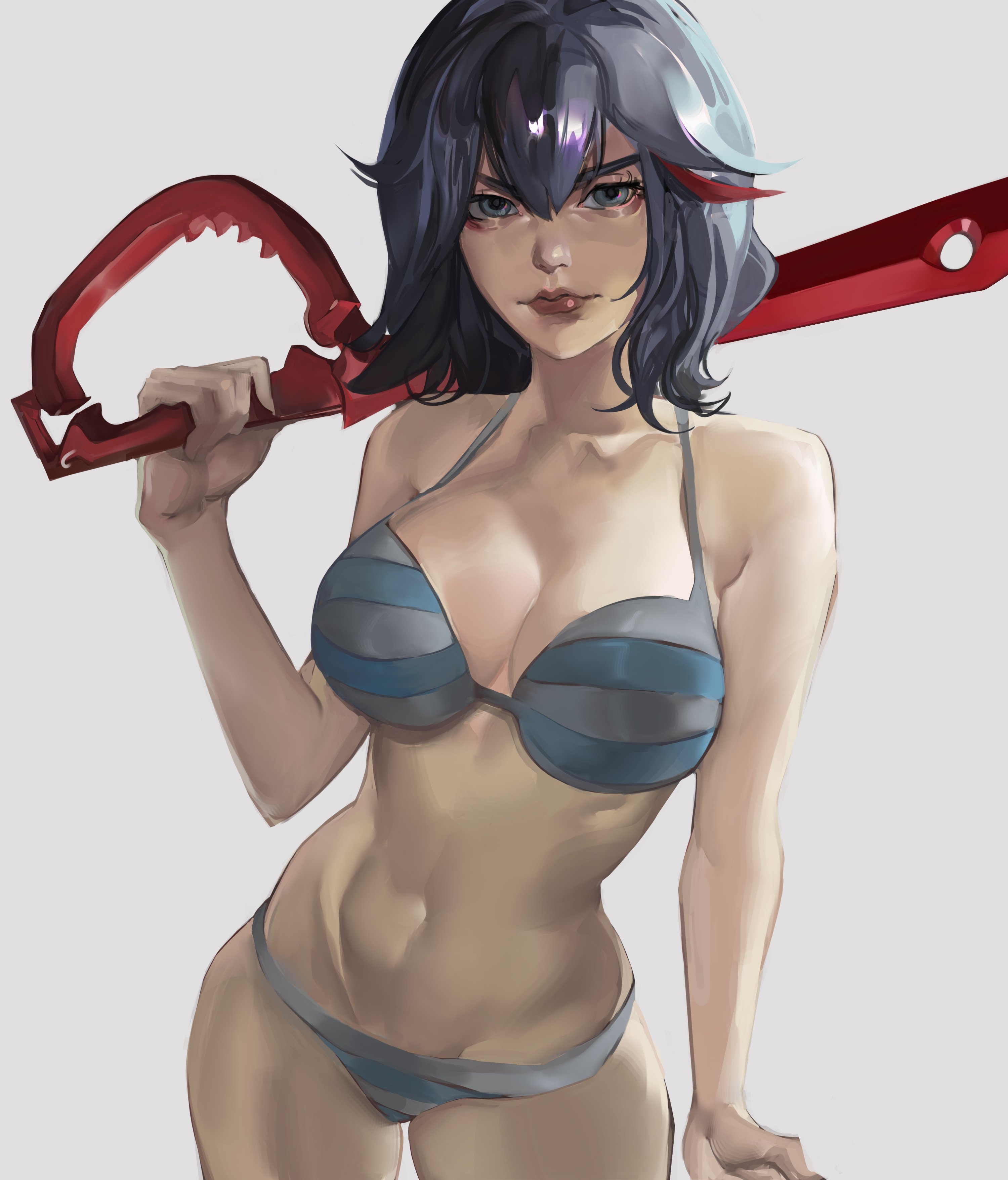 1girls, bikini, black hair, bra, breasts, canon panties, cleavage, cowboy shot, female, kill la kill, large breasts, lips, looking at viewer, matoi ryuuko, panties, shimapan, short hair, simple background, solo, sword, tomboy, tristanmori