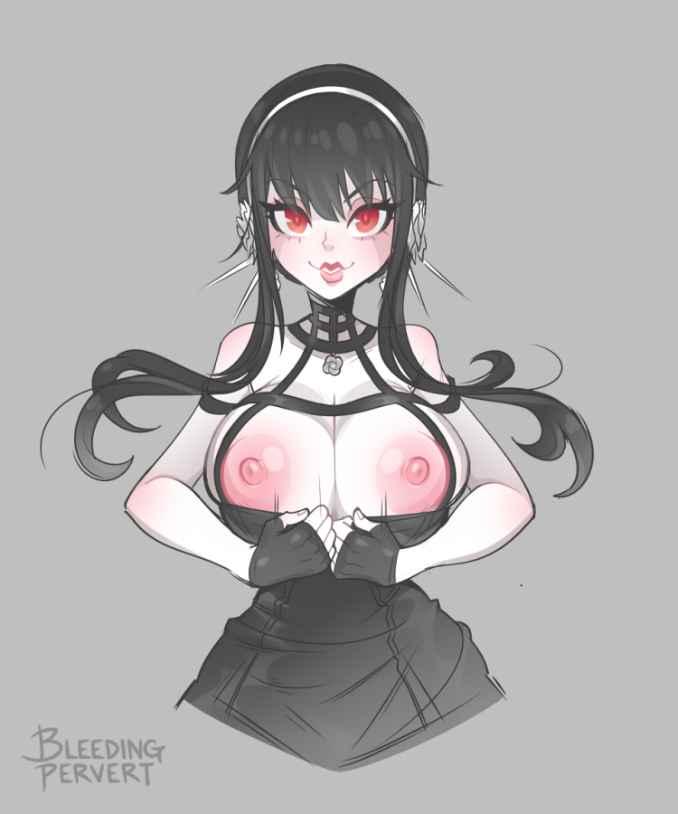 1girls assassin big_breasts black_hair bleedingpervert breasts_out diadem female_human flashing fringe human large_breasts long_hair mature_female nipples pale-skinned_female red_eyes slim_waist solo spy_x_family thorn_princess wide_hips yor_briar yor_forger