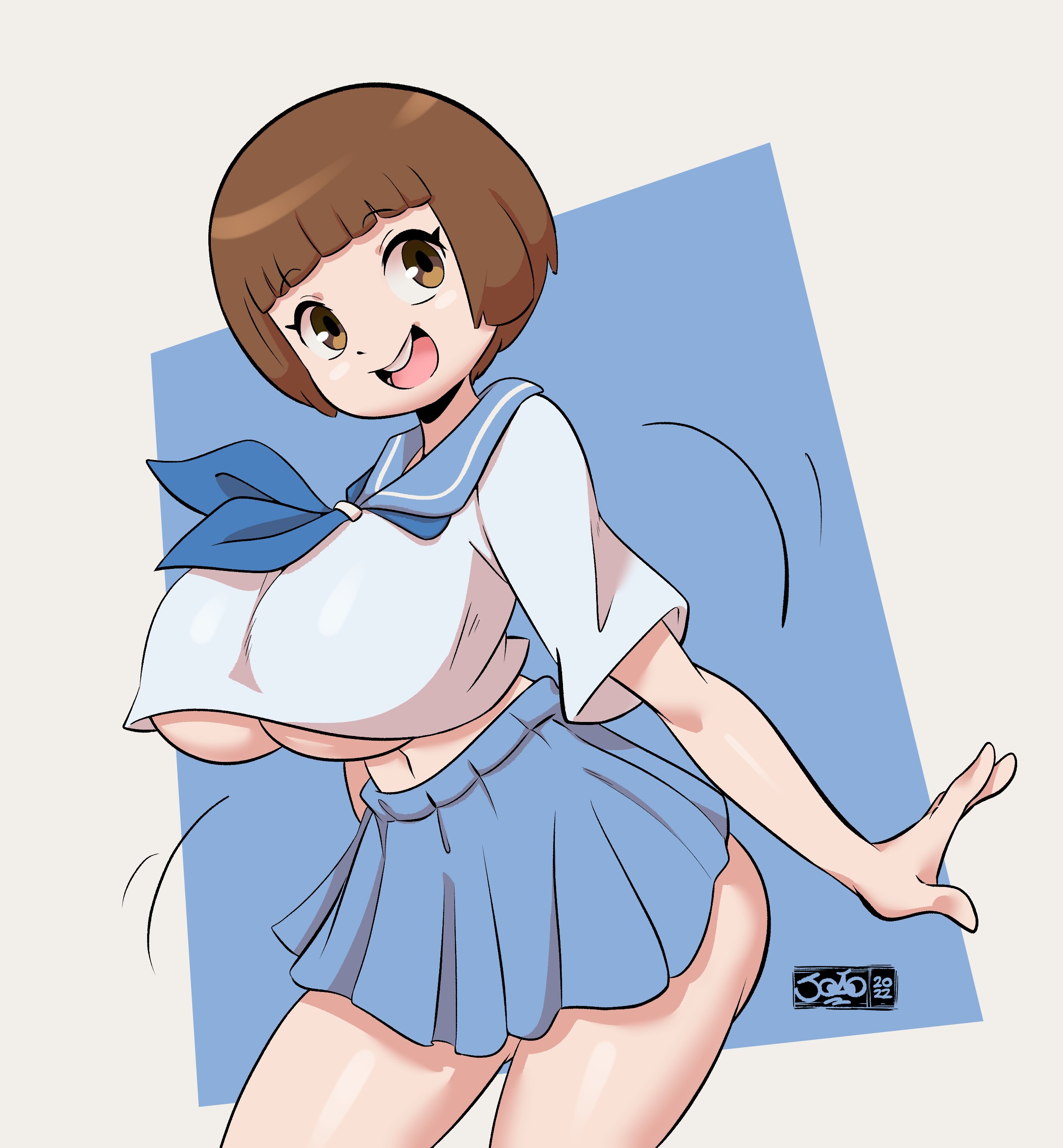 1girls, ass, big ass, big breasts, big butt, bob cut, breasts, brown eyes, brown hair, cleavage, clothed, clothing, female, female only, human, joaoppereiraus, kill la kill, large breasts, looking at viewer, mankanshoku mako, navel, open mouth, open smile, school uniform, schoolgirl, seifuku, short hair, simple background, skirt, smile, solo, solo female, underboob, voluptuous, white background, wide hips