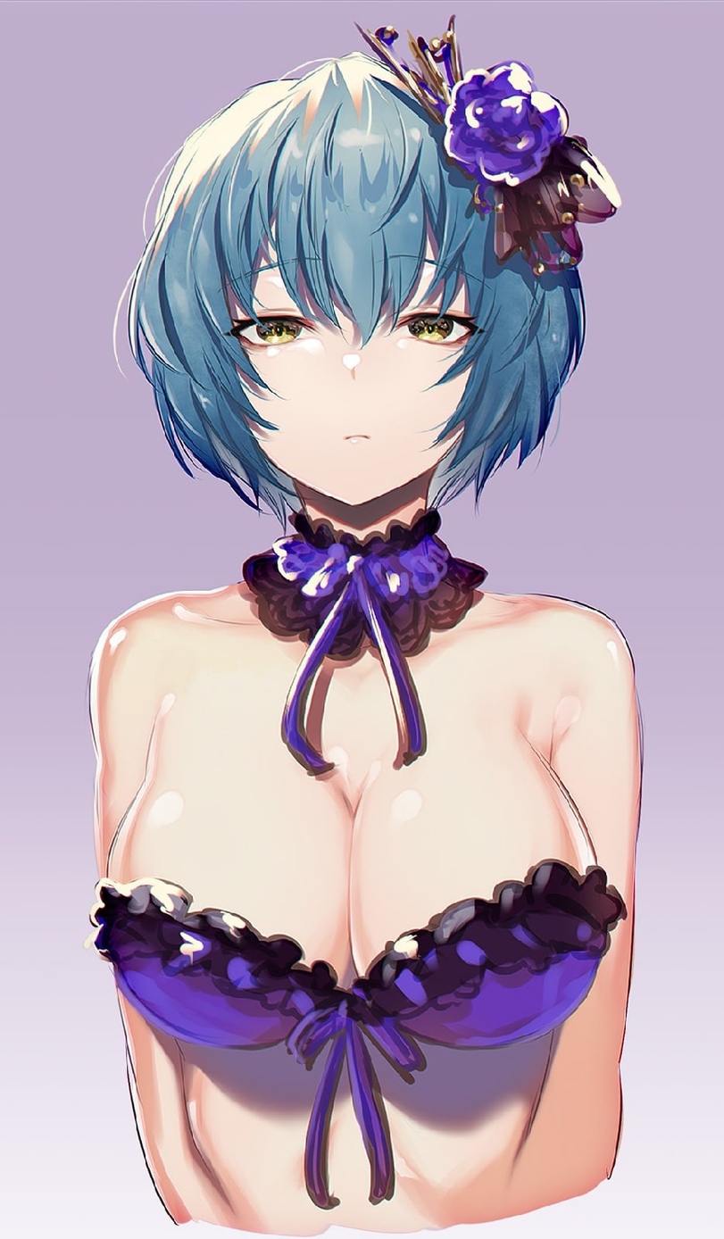 1girls, angela (library of ruina), angela (lobotomy corporation), bikini, blue hair, female, front-tie bikini, hair ornament, library of ruina, lobotomy corporation, project moon, short hair, solo, yellow eyes