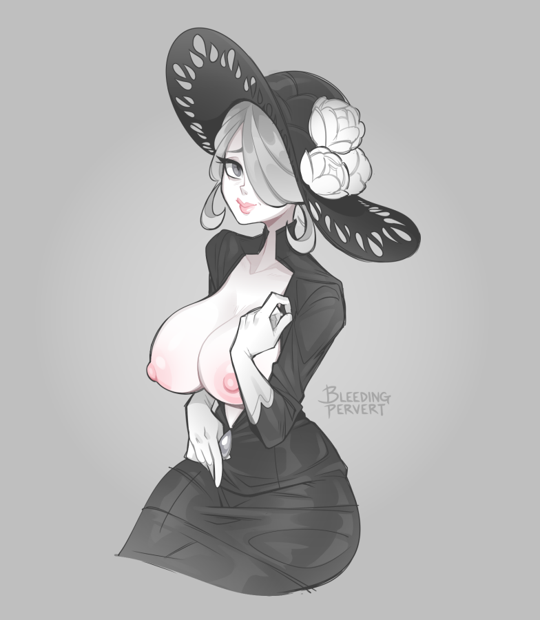 black_dress bleedingpervert breasts_out cogita_(pokemon) dress flashing gray_hair hair_over_one_eye hat large_breasts looking_at_viewer old_woman pokemon pokemon_legends:_arceus presenting_breasts simple_background