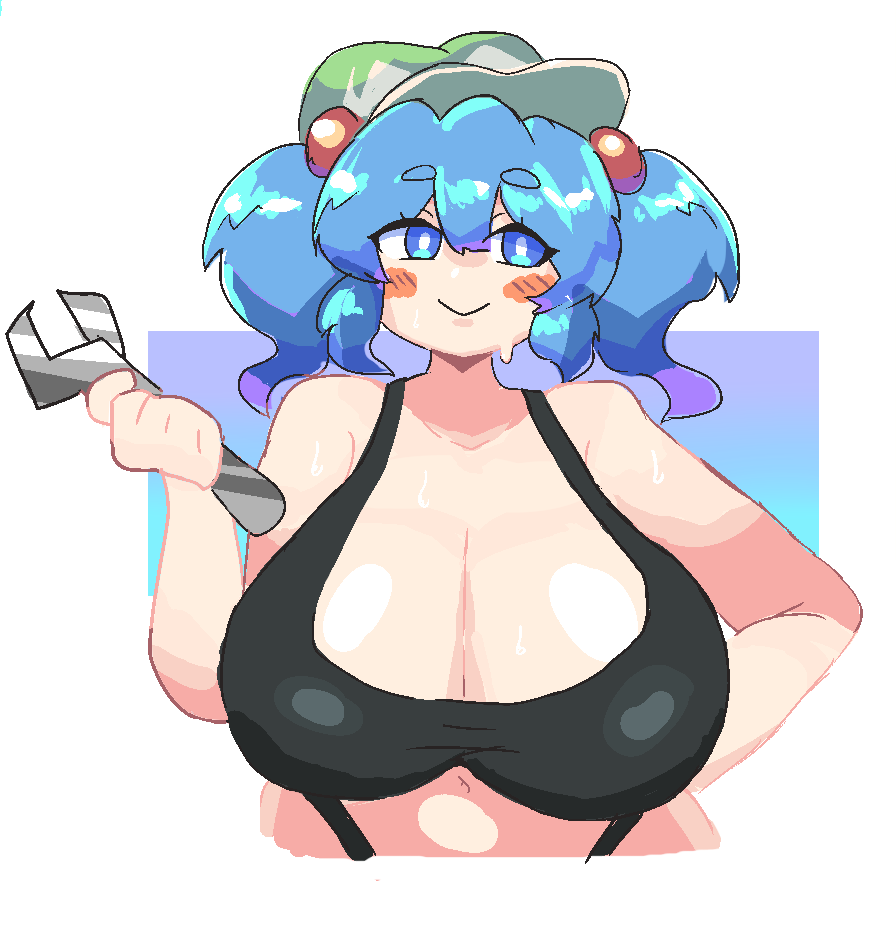 :> bare_arms bare_shoulders belly belly_button big_breasts blue_eyes blue_hair blush cap cleavage hat large_breasts nitori_kawashiro notnoe_(dxcl) short_hair simple_background tank_top touhou twintails white_background