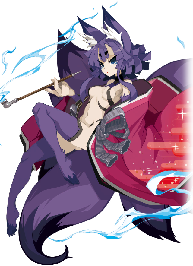 barely_clothed breasts disgaea disgaea_5 disgaea_rpg fox_ears fox_girl fox_tail harada_takehito izuna_(disgaea) kimono kiseru nine-tails_(disgaea) nippon_ichi_software official_art open_clothes skimpy_clothes smoking smoking_pipe thighhighs