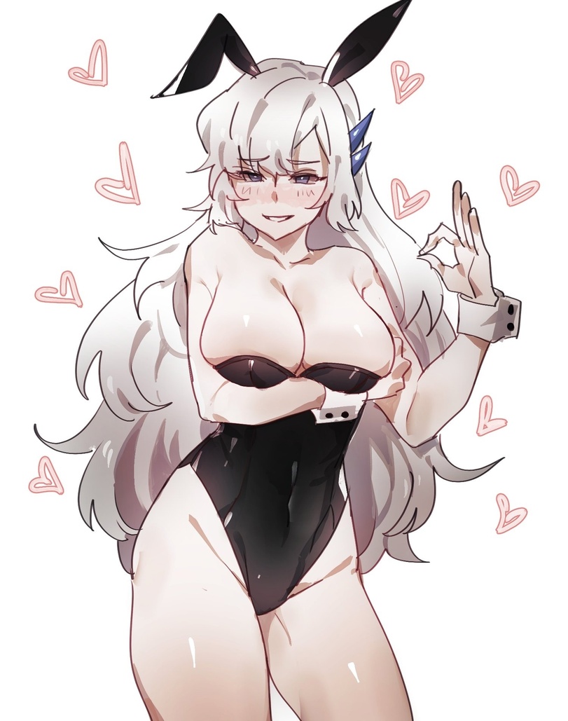 argalia blush breasts bunny_ears bunnysuit library_of_ruina ok_sign project_moon rule_63 silver_hair smile tagme wrist_cuffs