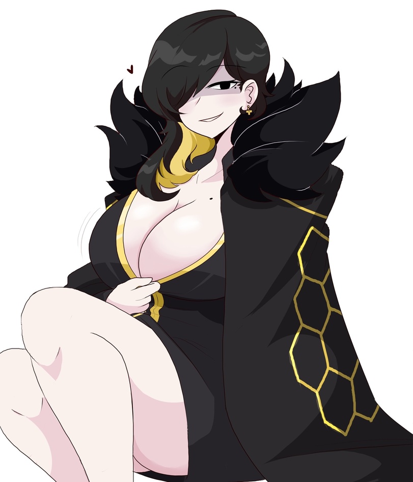 1girls, beauty mark, binah, black eyes, black hair, breasts, dress pull, earrings, evil smile, female, heart, huge breasts, jinu, library of ruina, lobotomy corporation, looking at viewer, mole, mole on breast, mole under eye, multicolored hair, project moon, smirk, yellow hair