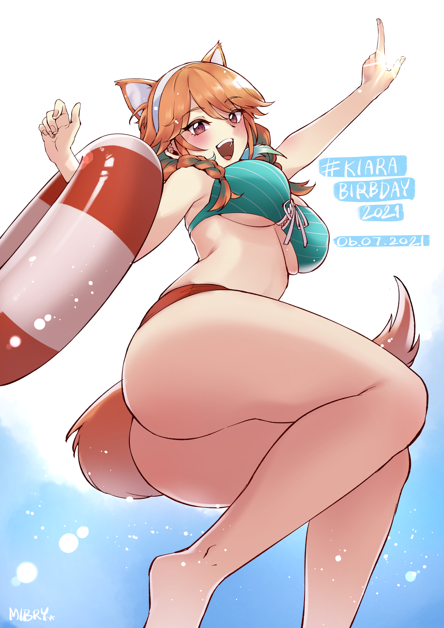 1girls, ass, bikini, braid, braided hair, braided twintails, breasts, brown eyes, cat ears, female, green hair, green highlights, happy, hi res, hololive, hololive english, hololive myth, legs, mibry (phrysm), orange hair, solo, streaked hair, swimsuit, tail, takanashi kiara, takanashi kiara (2nd costume), thighs, twintails, two-tone hair, underboob, virtual youtuber