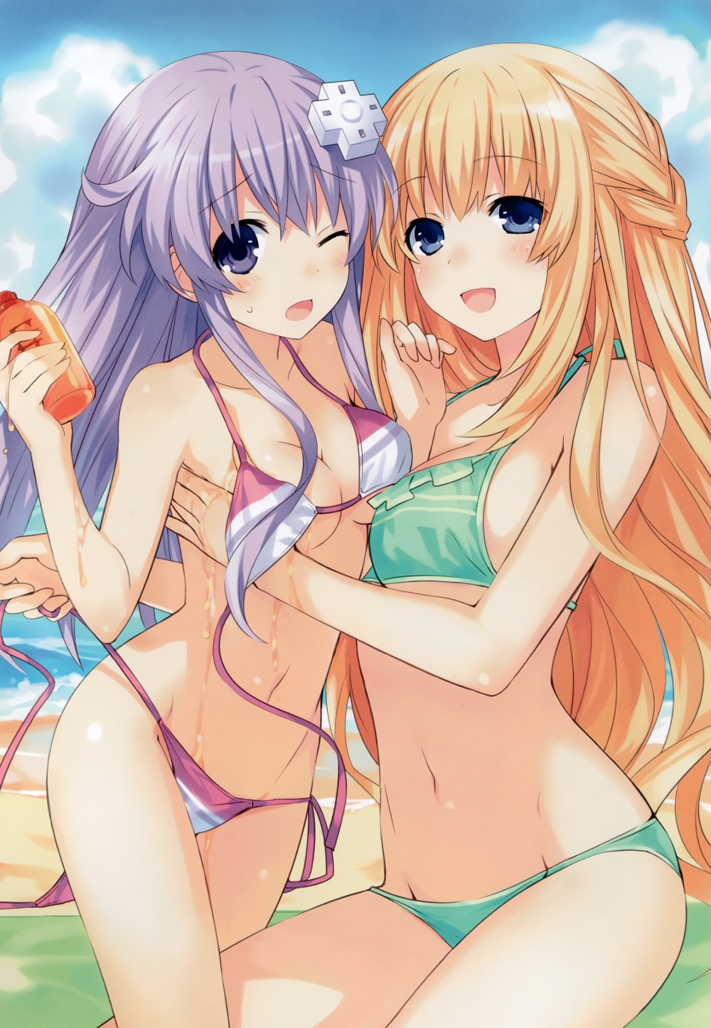 2girls ambiguous_consent artist_request beach blonde blonde_hair braid braided_hair breasts dripping_wet eyebrows_visible_through_hair female female_focus green_bikini hair_ornament lesbian looking_at_viewer navel nepgear neptunia_(series) ocean one_eye_closed purple_bikini purple_eyes purple_hair removing_bikini removing_clothing shocked_expression sky smile source_request sunscreen sweatdrop tagme tagme_(artist) touching_breast vert yuri