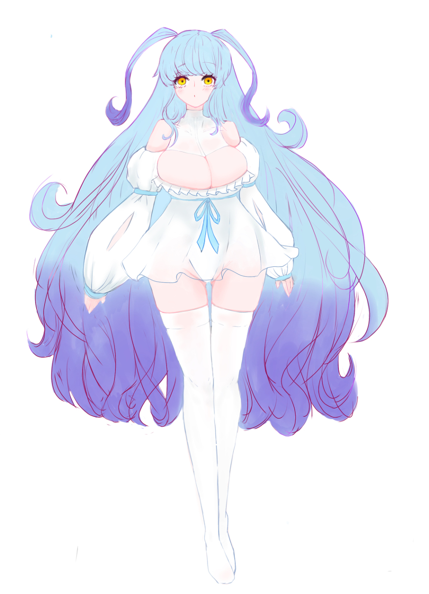 1girls, blue hair, blush, breasts, cleavage, detached sleeves, female, huge breasts, library of ruina, lobotomy corporation, looking at viewer, multicolored hair, project moon, purple hair, queen of hatred, short dress, ten oekaki, thighhighs, very long hair, yellow eyes