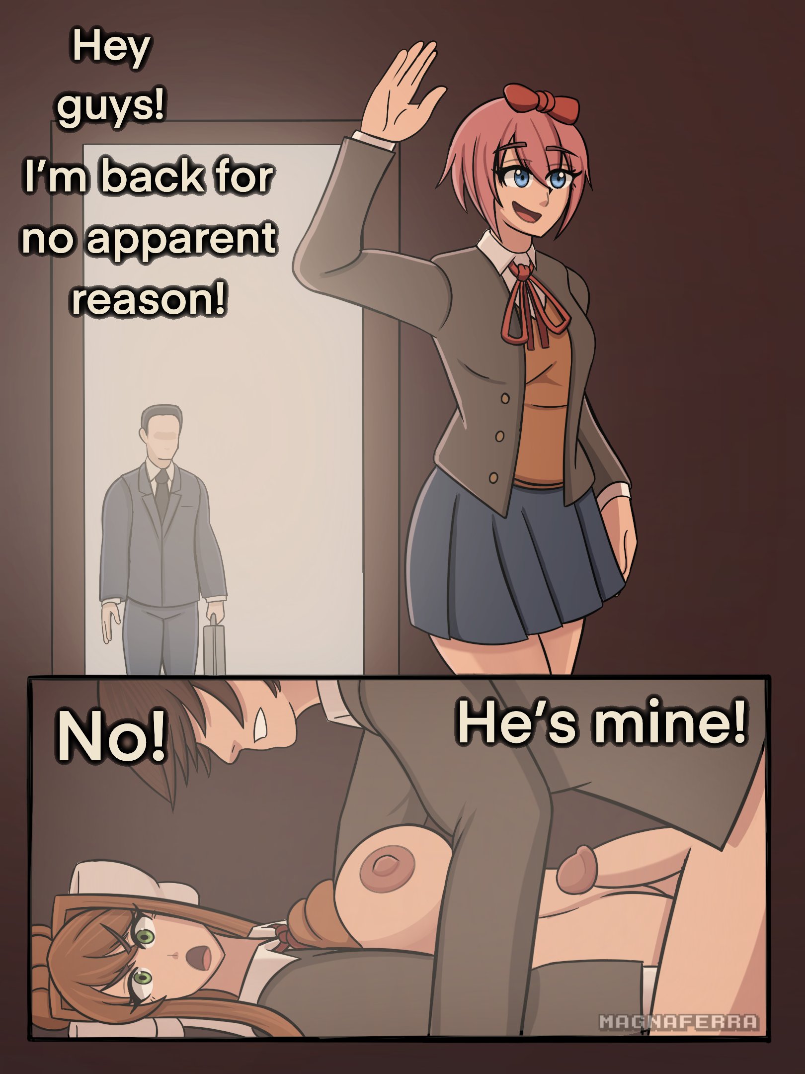 brown hair, doki doki literature club, female, green eyes, magna ferra, monika (doki doki literature club), sayori (doki doki literature club)