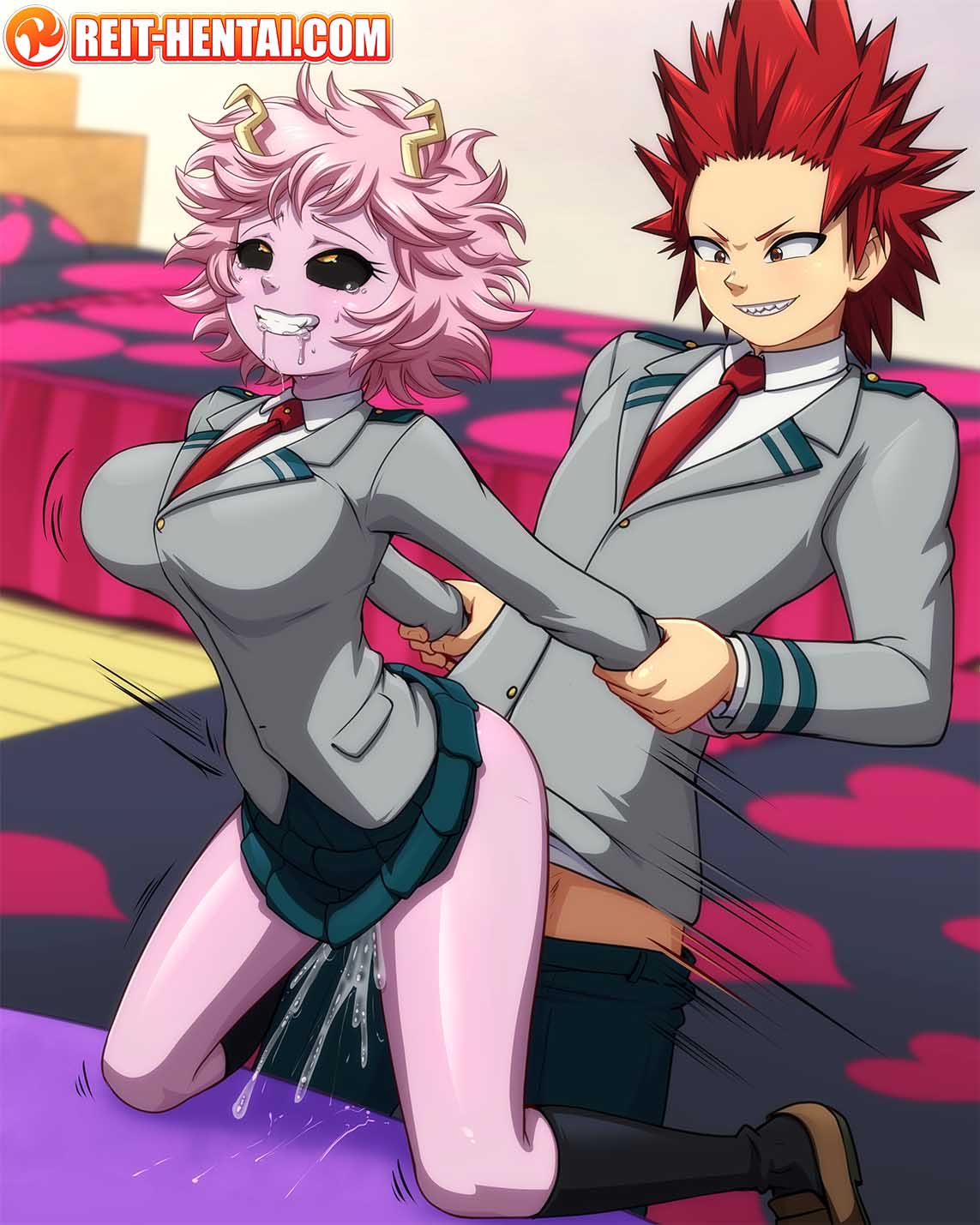 1boy 1girls background black_sclera black_socks brown_loafers eijirou_kirishima female from_behind knee_socks kneehighs kneesocks loafers mina_ashido my_hero_academia pink_hair pink_skin prison_guard_position reit rolling_eyes sahegao saliva school_uniform short_hair skirt skirt_lift skirt_up socks tagme u.a._school_uniform watermark