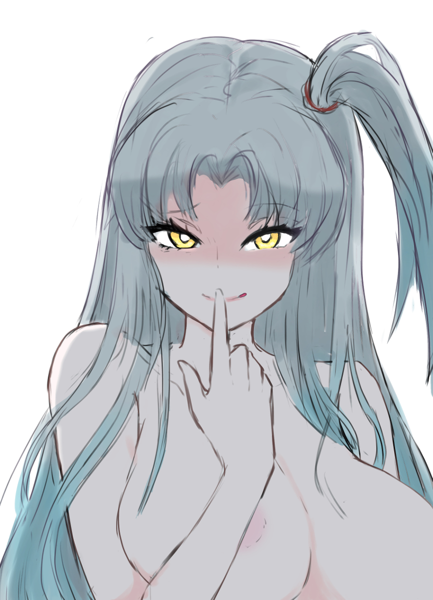 angela angela_(lobotomy_corporation) big_breasts breasts female finger_on_lip finger_over_mouth large_breasts lobotomy_corporation looking_at_viewer project_moon side_ponytail tagme ten_oekaki very_long_hair white_background white_hair yellow_eyes