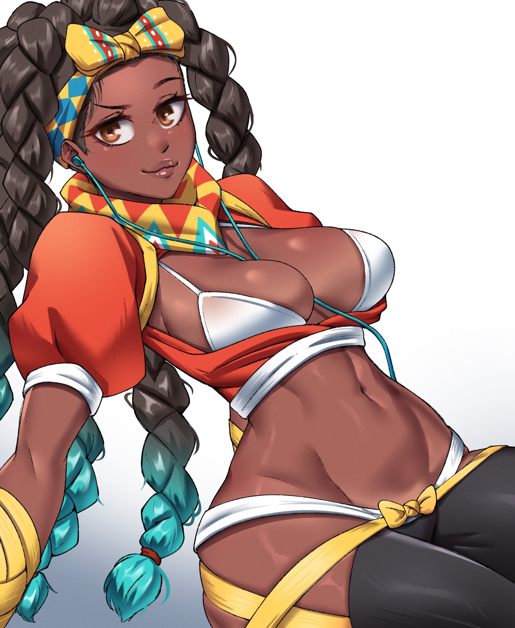 1girls, 2022, black hair, braid, braided hair, brown eyes, capcom, dark skin, dark-skinned female, dracksart, female, kimberly jackson, scarf, street fighter, street fighter 6, streetwear, wide hips