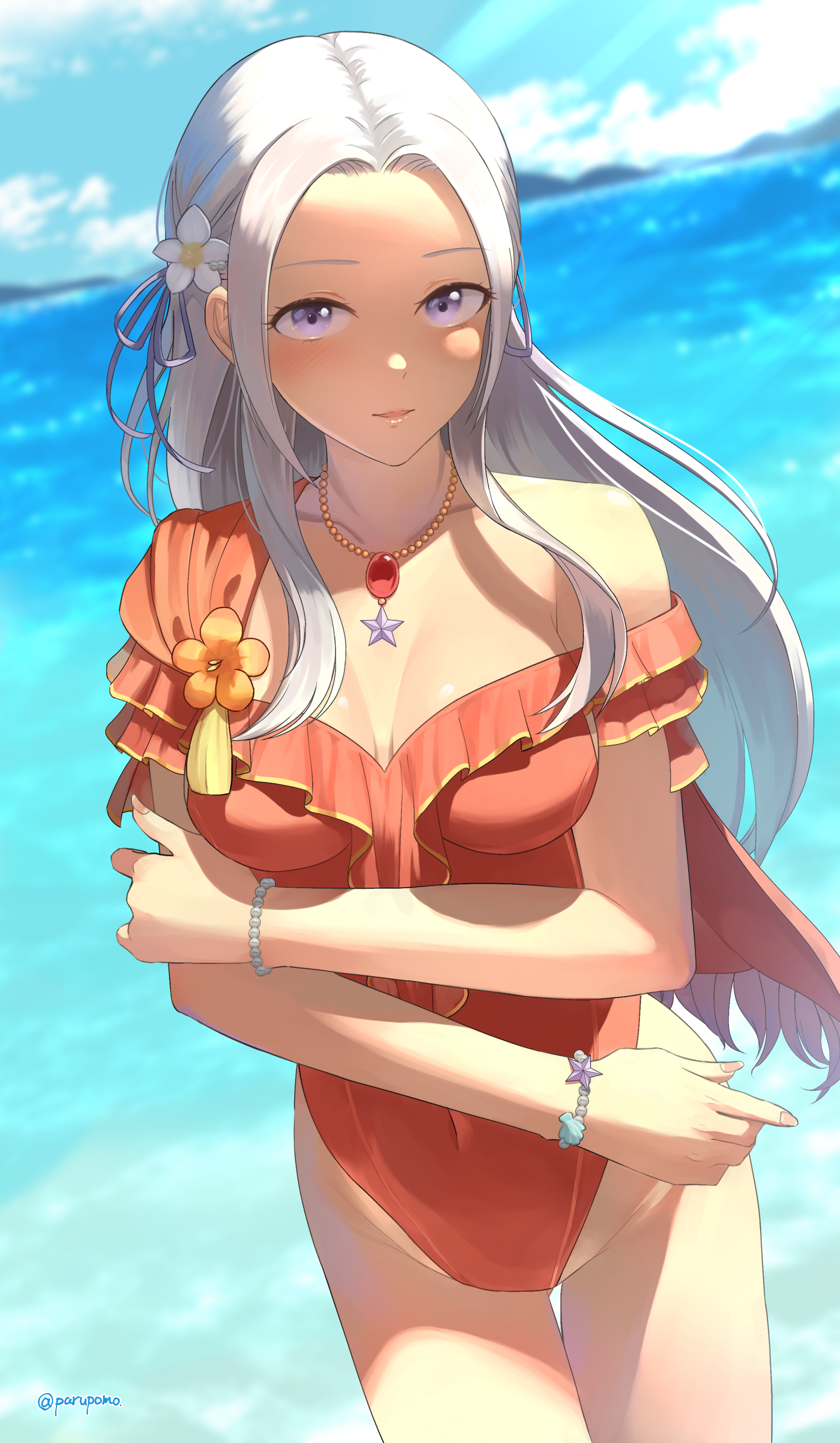 1girls, absurdres, alternate costume, bare shoulders, blue sky, breasts, capelet, cleavage, cloud, collarbone, covered navel, edelgard von hresvelg, edelgard von hresvelg (summer), female, female only, fire emblem, fire emblem heroes, fire emblem: three houses, flower, groin, hair flower, hair ornament, hair ribbon, highres, jewelry, long hair, looking at viewer, medium breasts, necklace, nintendo, official alternate costume, one-piece swimsuit, parupome, pendant, purple eyes, red capelet, red swimsuit, ribbon, sky, solo, star (symbol), swimsuit, water, white hair, wristband