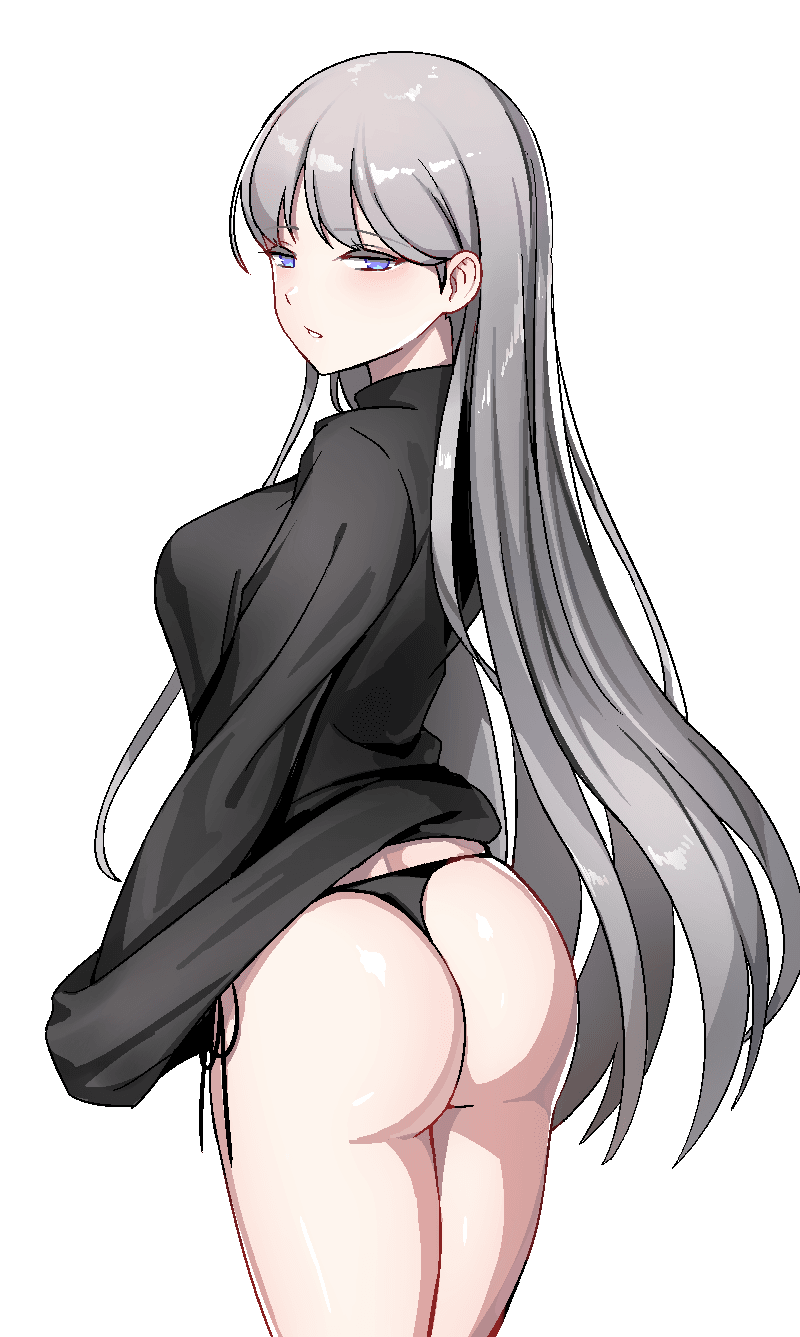 1girls angelica_(library_of_ruina) ass black_thong blue_eyes large_breasts library_of_ruina light-skinned_female light_skin long_hair looking_back no_pants project_moon side-tie_panties silver_hair solo tagme thong tjaro