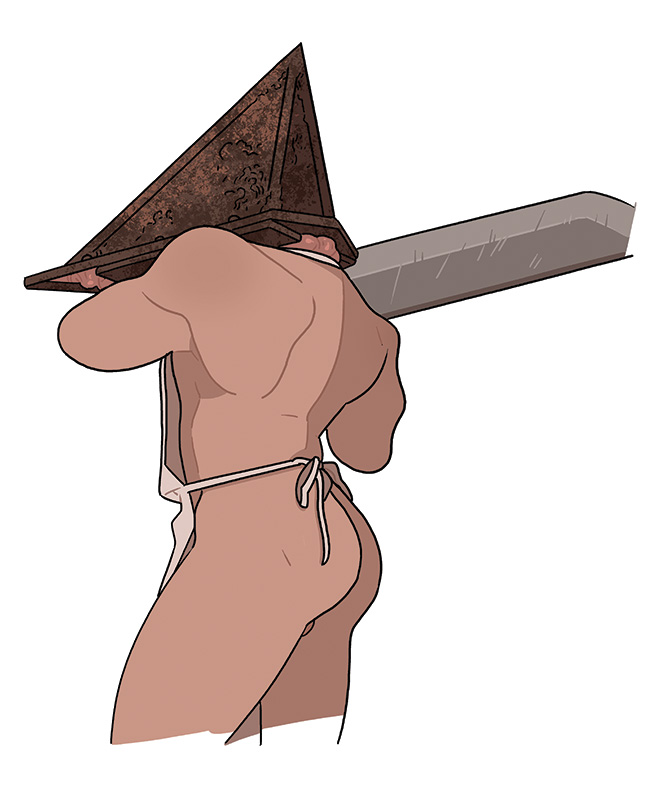 1boy apron ass back back_muscles bottomless helmet innkeeper_worm male male_only muscular muscular_male naked_apron pyramid_head silent_hill silent_hill_2 solo sword weapon white_background