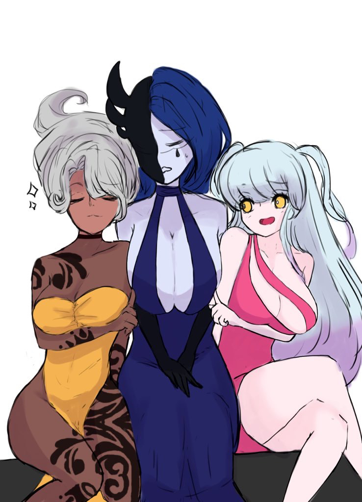 3girls blue_hair breasts closed_eyes dark-skinned_female grey_hair highleg huge_breasts king_of_greed knight_of_despair large_breasts library_of_ruina lobotomy_corporation markings open_mouth pale_skin project_moon queen_of_hatred sparkles tagme ten_oekaki yellow_eyes