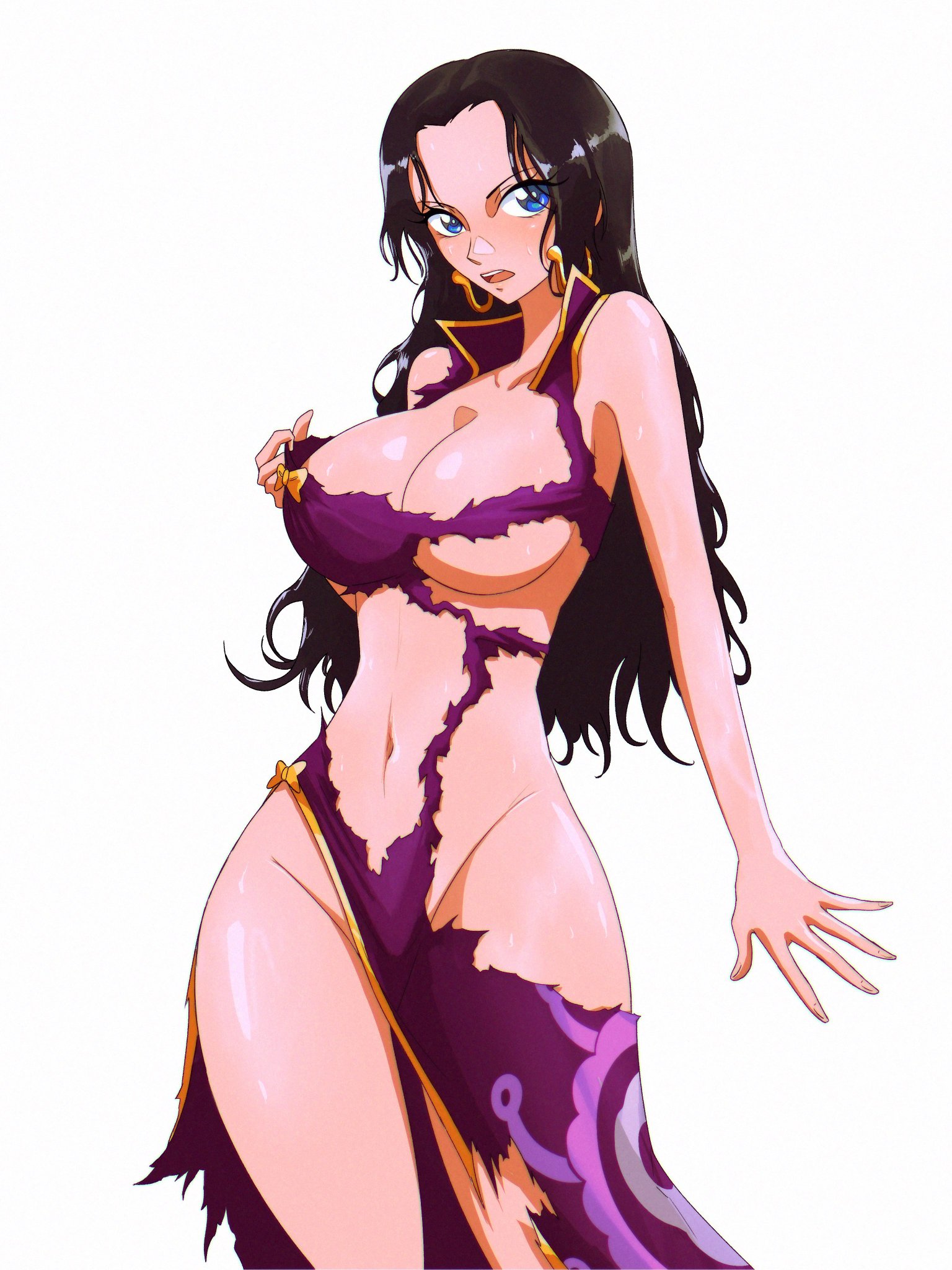 1girls, big breasts, big eyes, black hair, black-haired female, blue eyes, boa hancock, breasts, curvaceous, curvy female, female, female only, gold earrings, long black hair, one piece, opalisart, purple dress, thick thighs, torn clothing, torn dress