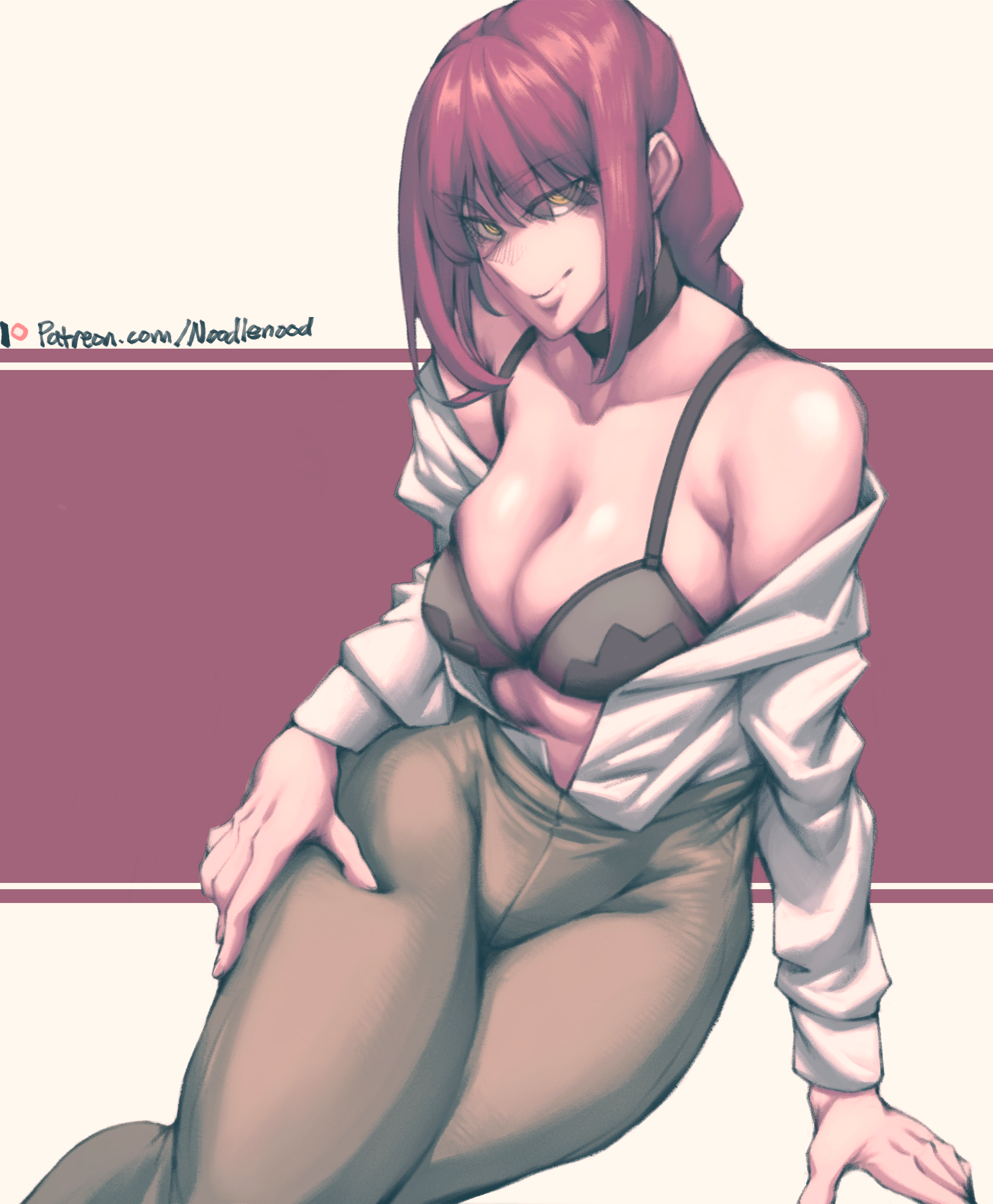 1girls, aroodnoodle, ass, big ass, big breasts, breasts, chainsaw man, curvy, female, long hair, makima (chainsaw man), mature female, medium breasts, noodlenood, office clothing, red hair, shirt tucked in, smile, thick ass, thick thighs, tucked shirt, wide hips